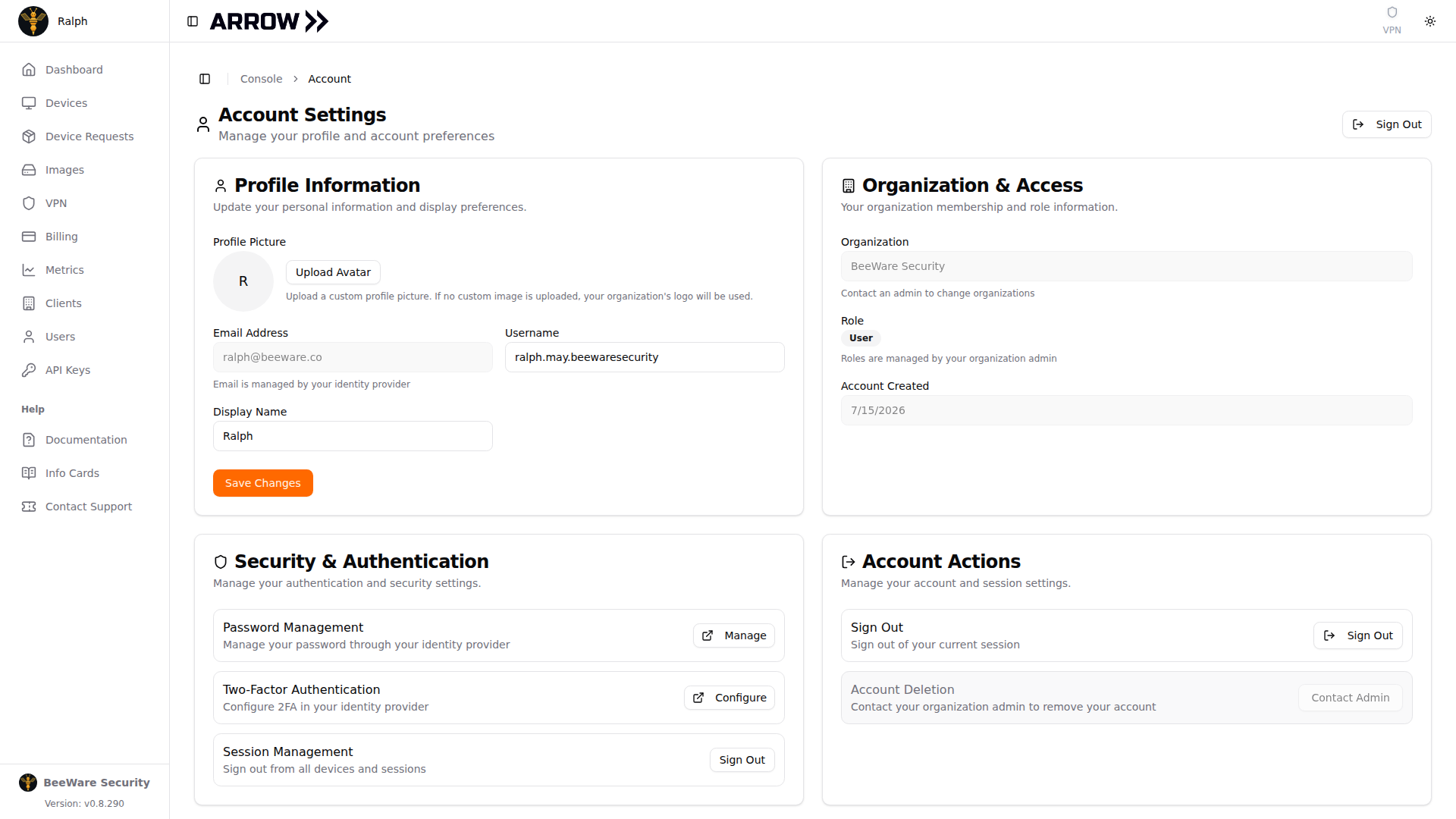ARROW Platform Account Settings page