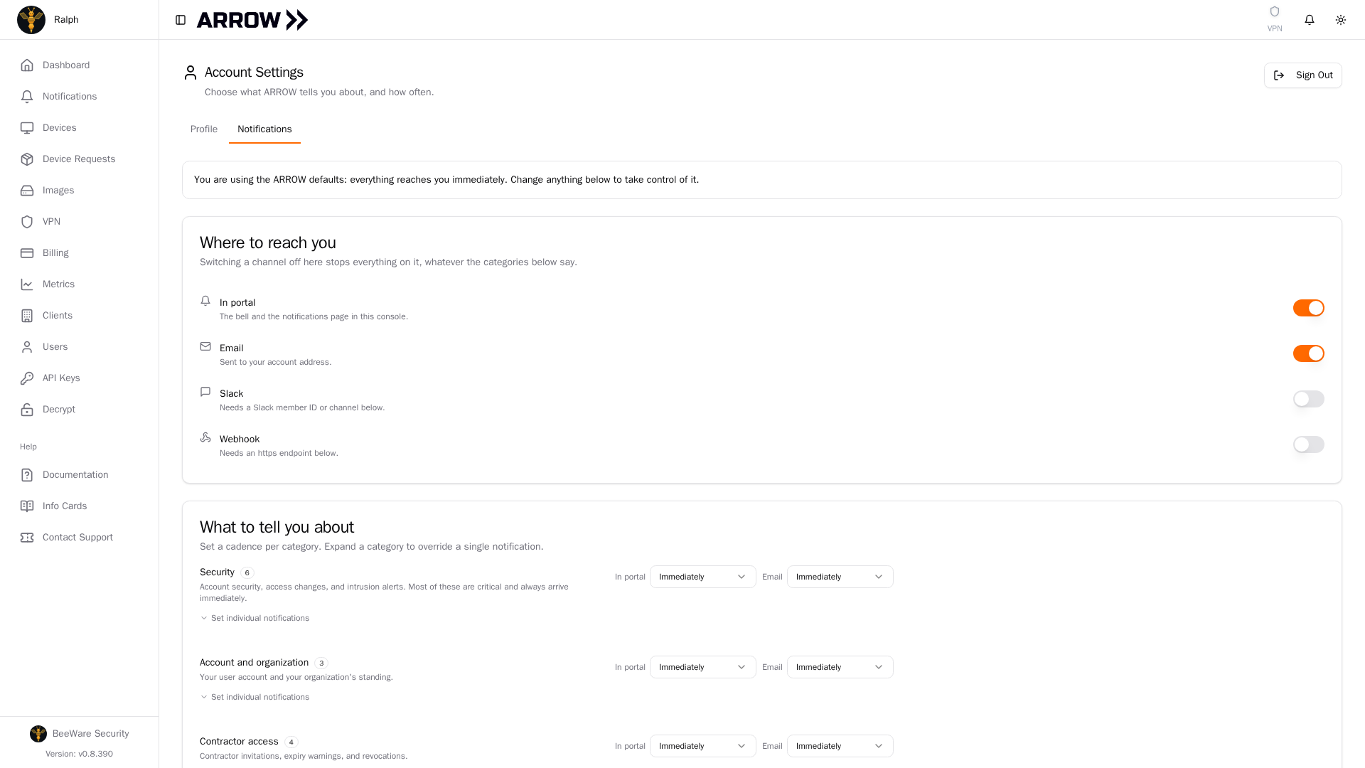 Notification preferences in the ARROW Console