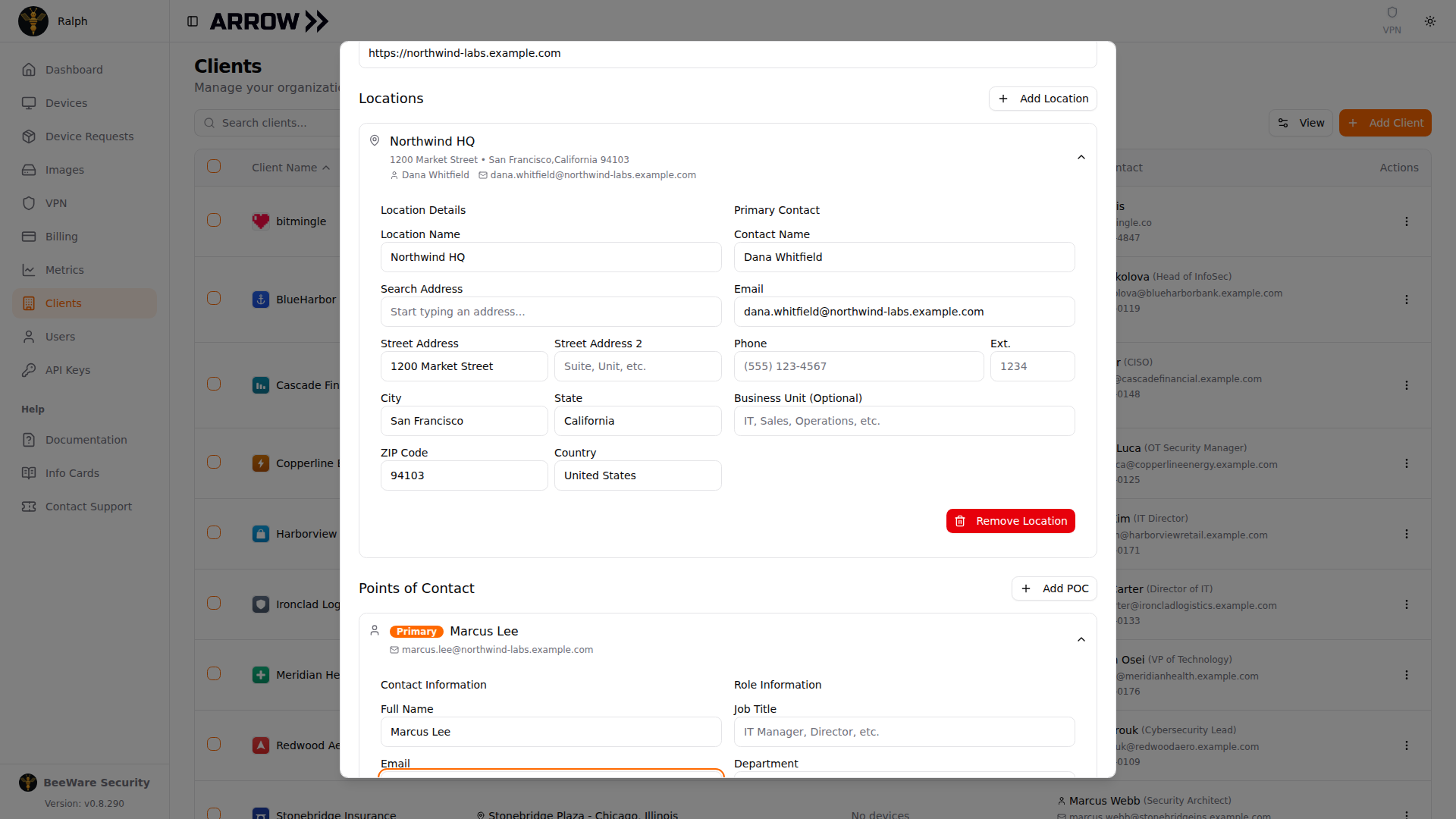 Points of Contact section of the Add New Client dialog