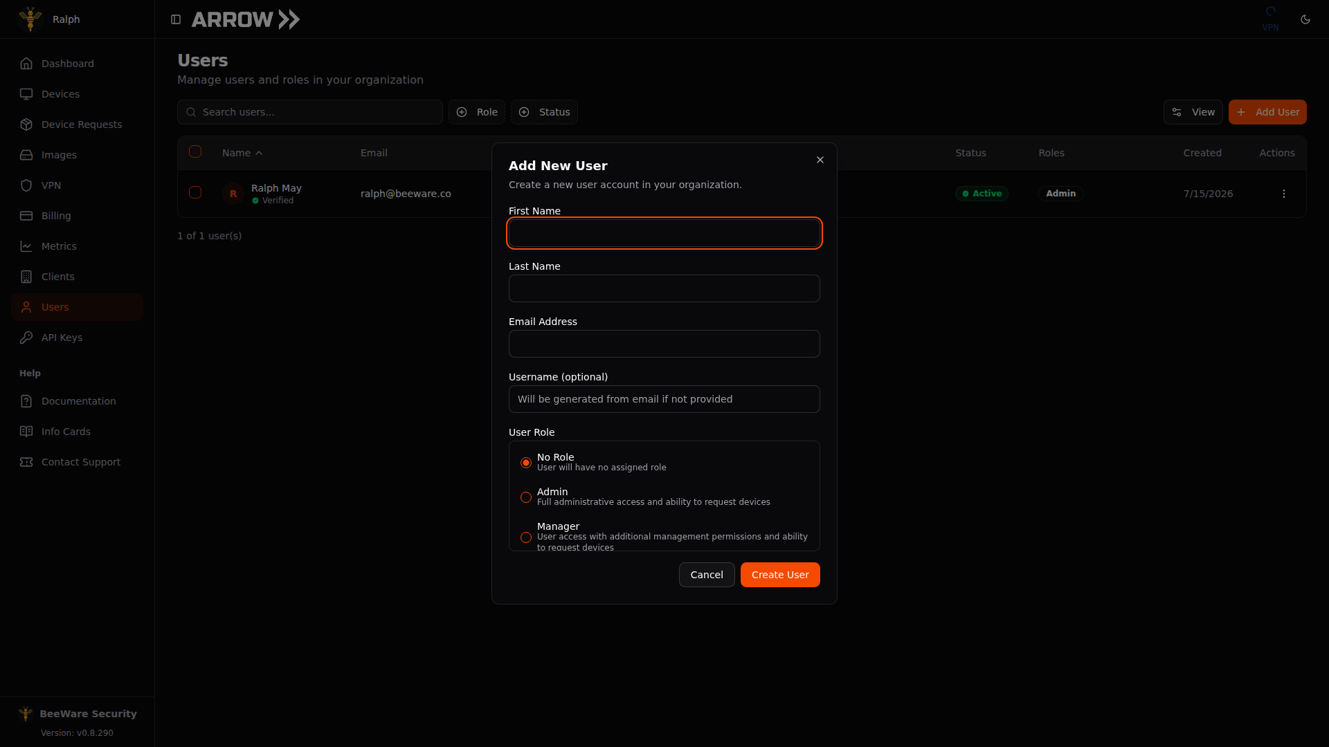 Add New User dialog