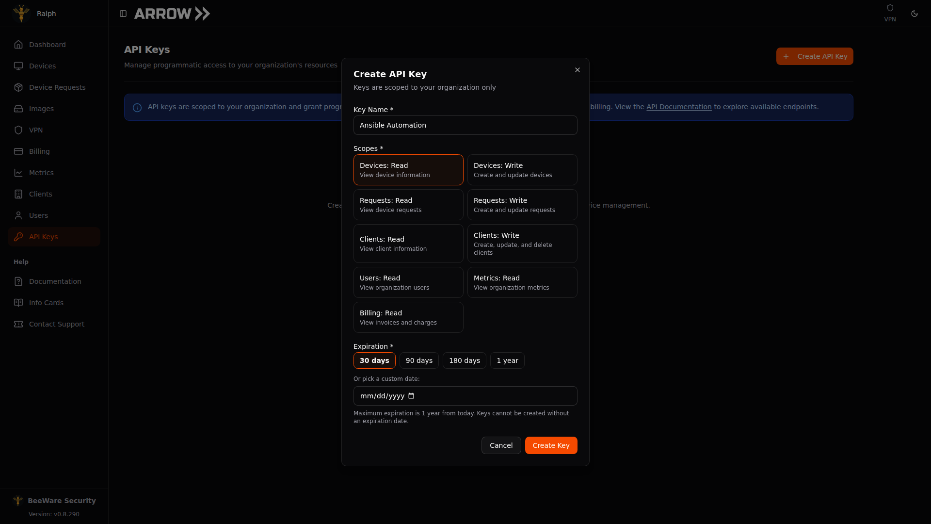 Create API Key dialog with name, scopes, and expiration