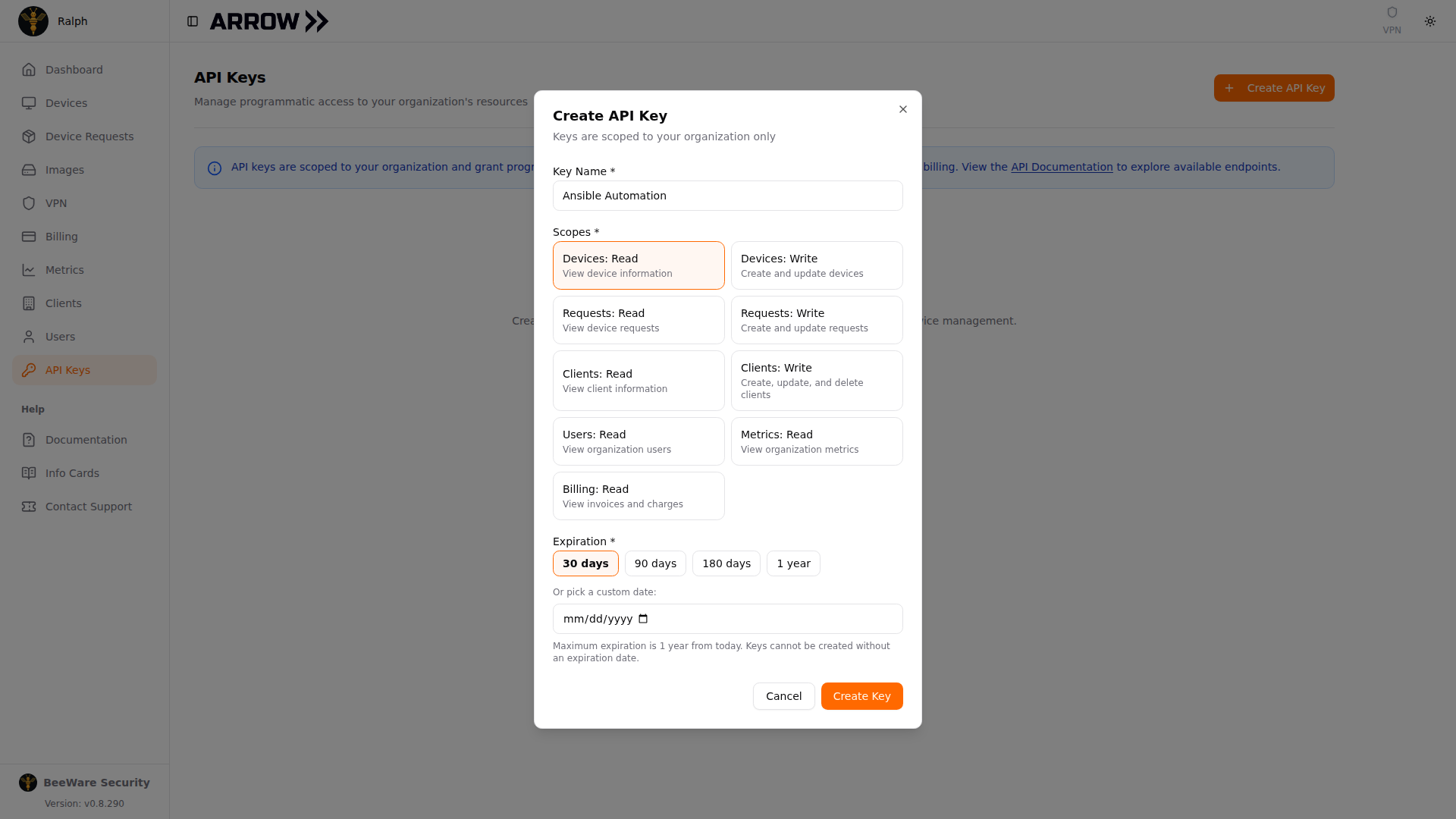 Create API Key dialog with name, scopes, and expiration