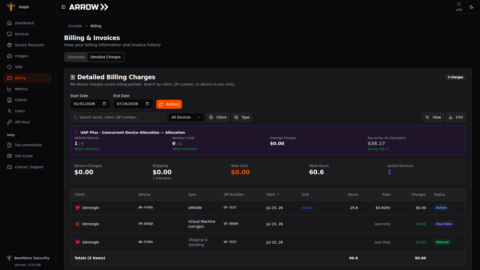 ARROW Platform Detailed Charges tab
