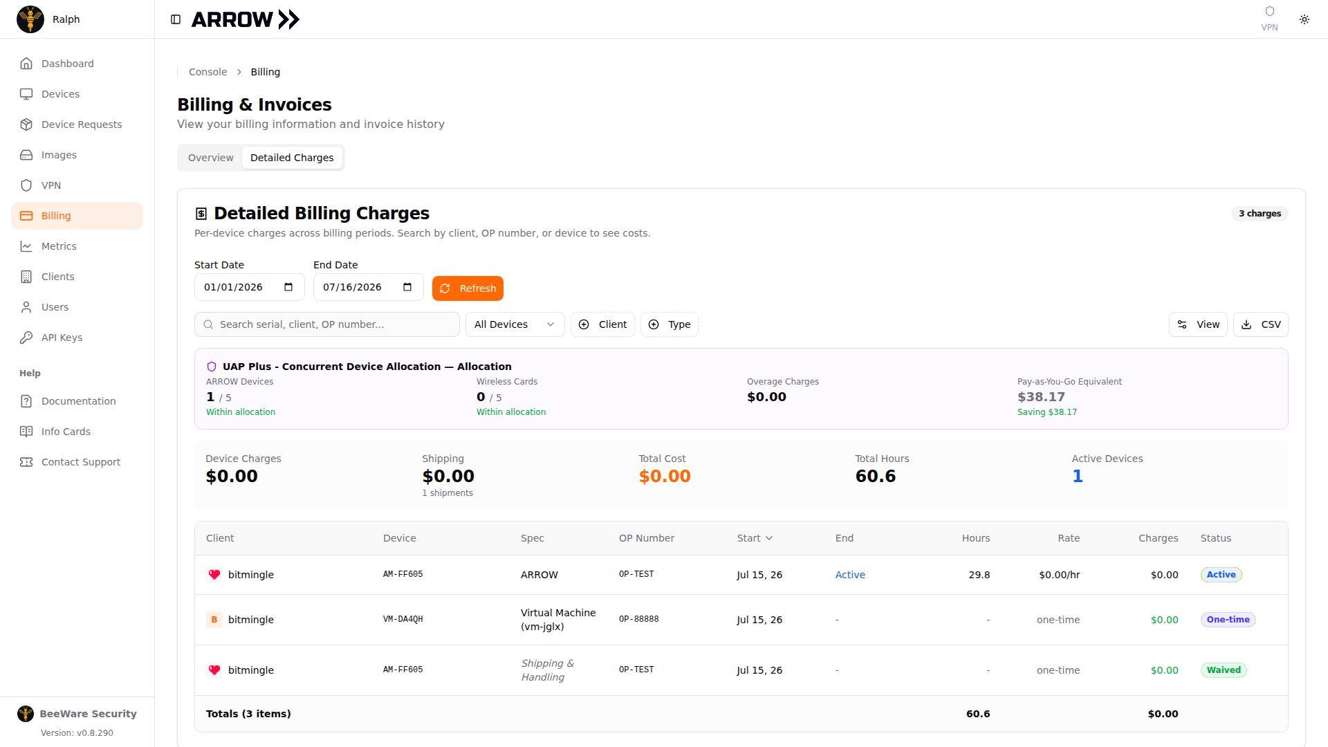 ARROW Platform Detailed Charges tab
