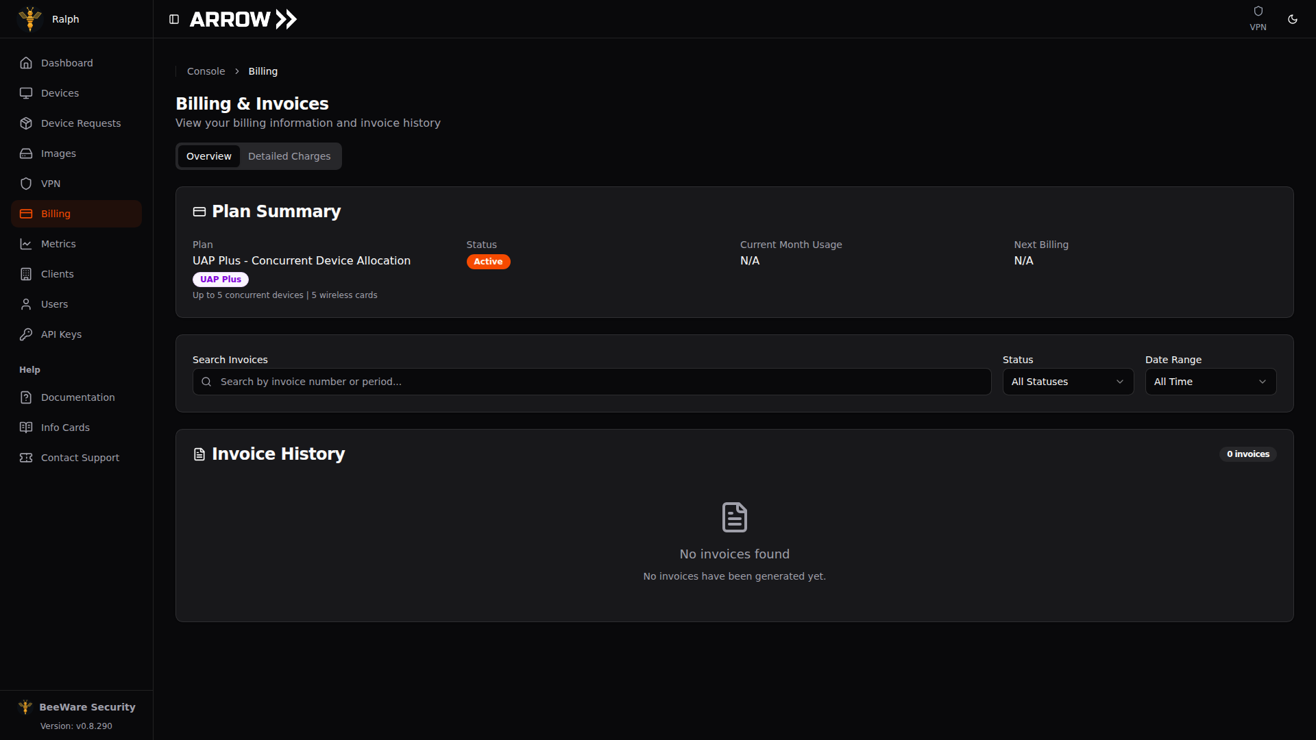ARROW Platform Billing Overview tab