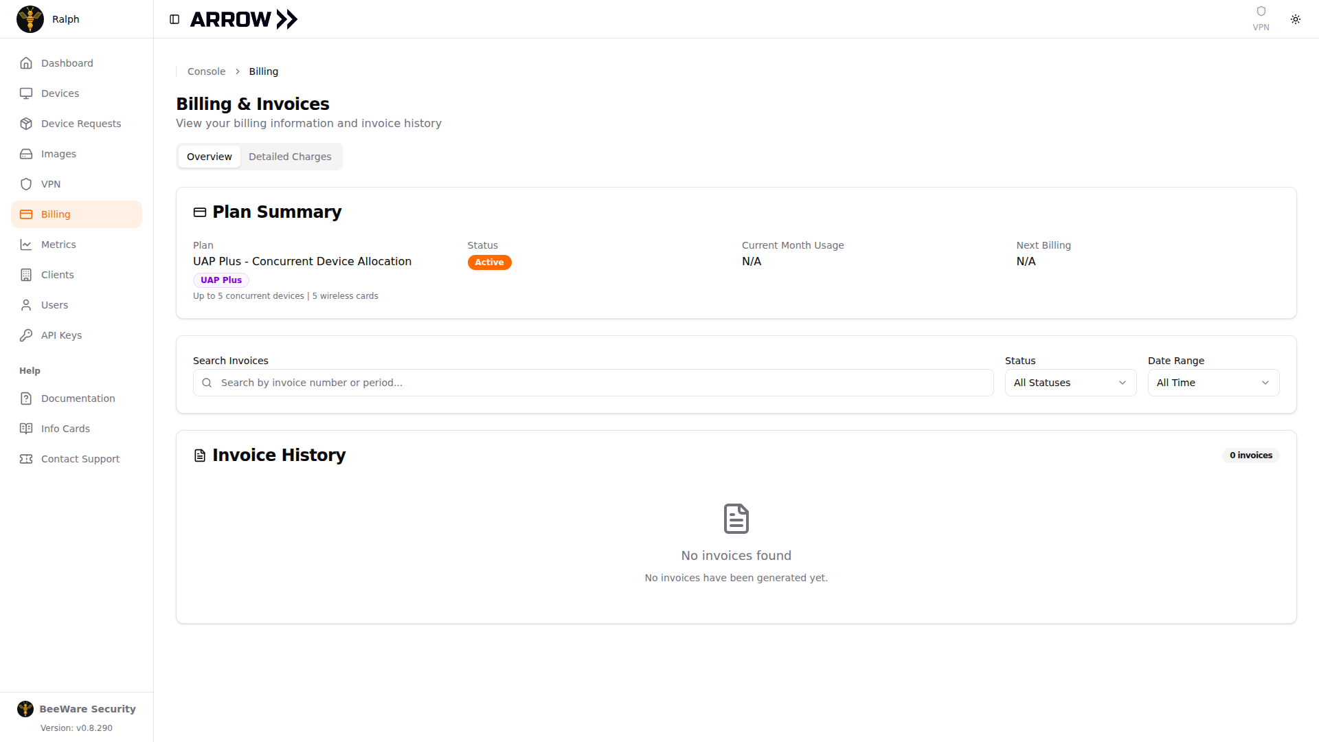 ARROW Platform Billing Overview tab