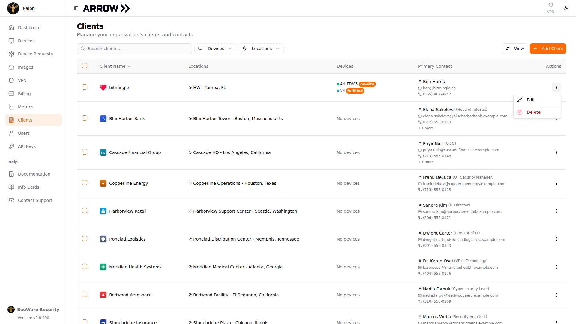 The actions menu open on a client row