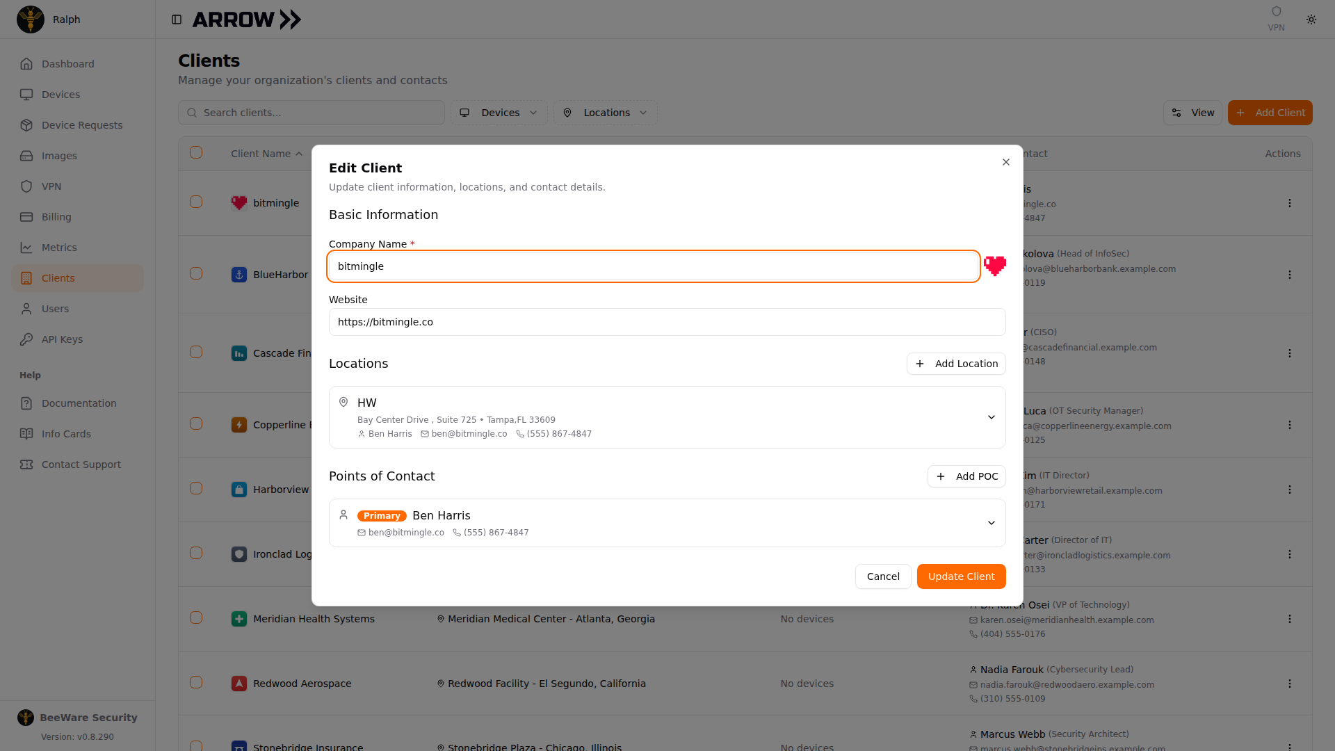The Edit Client dialog prefilled with an existing client's details