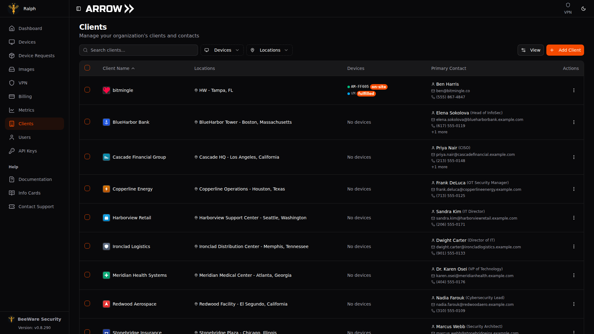 ARROW Console Clients page
