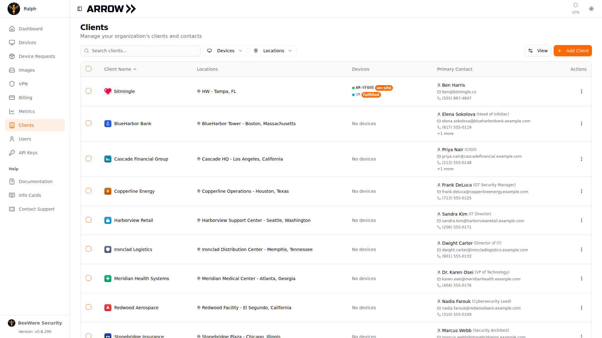 ARROW Console Clients page