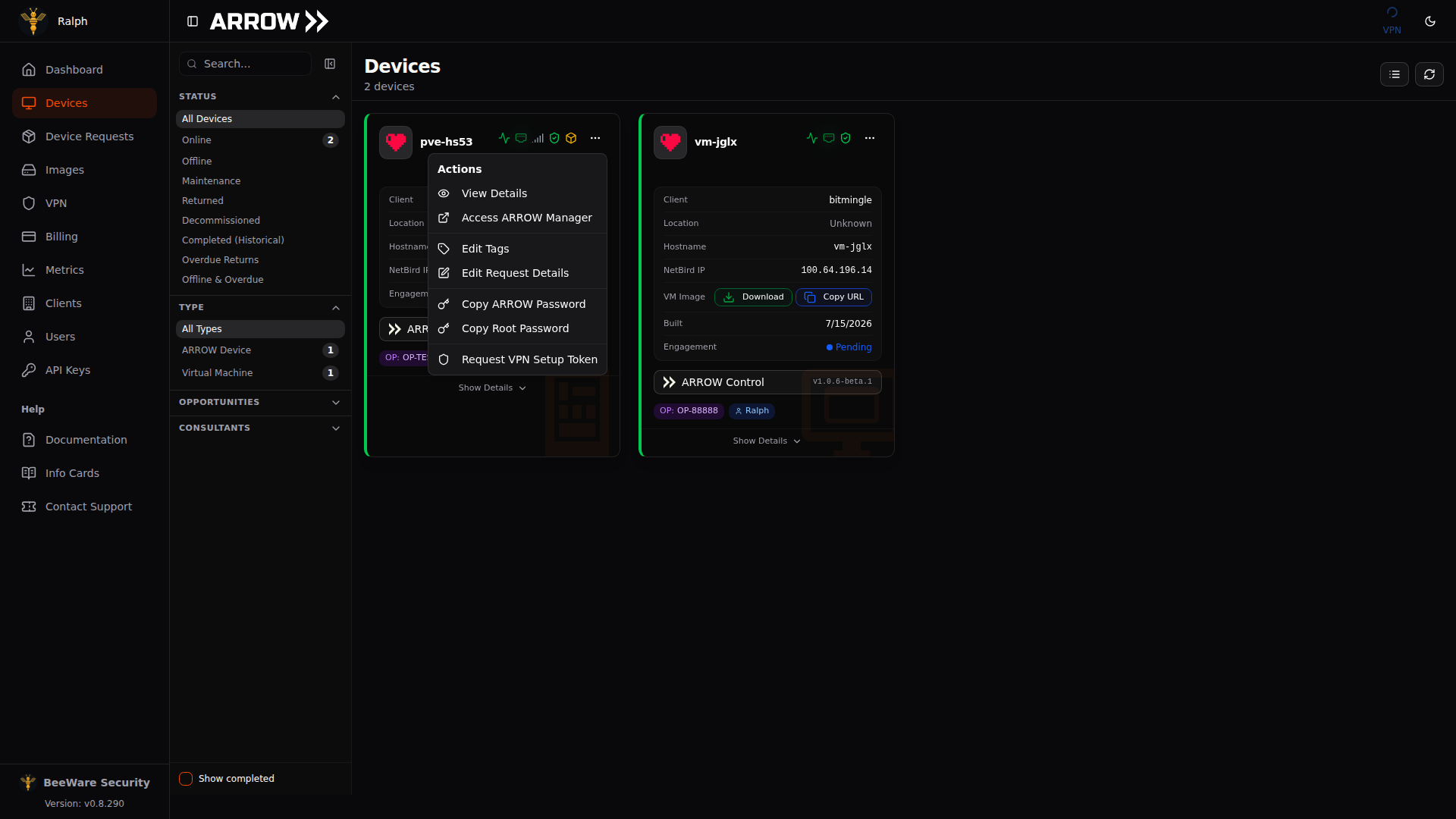 The device card actions menu open