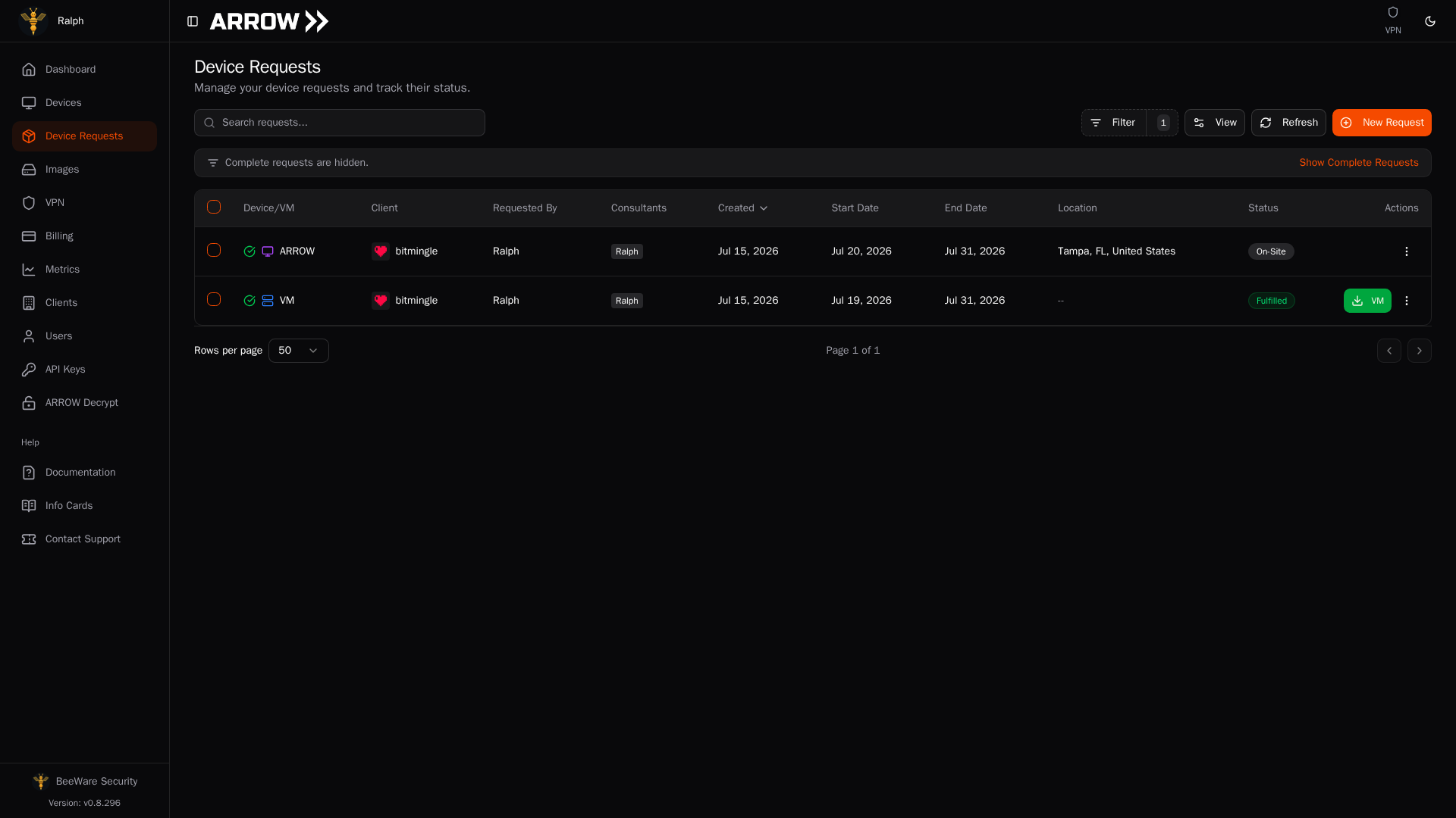 ARROW Platform Device Requests page