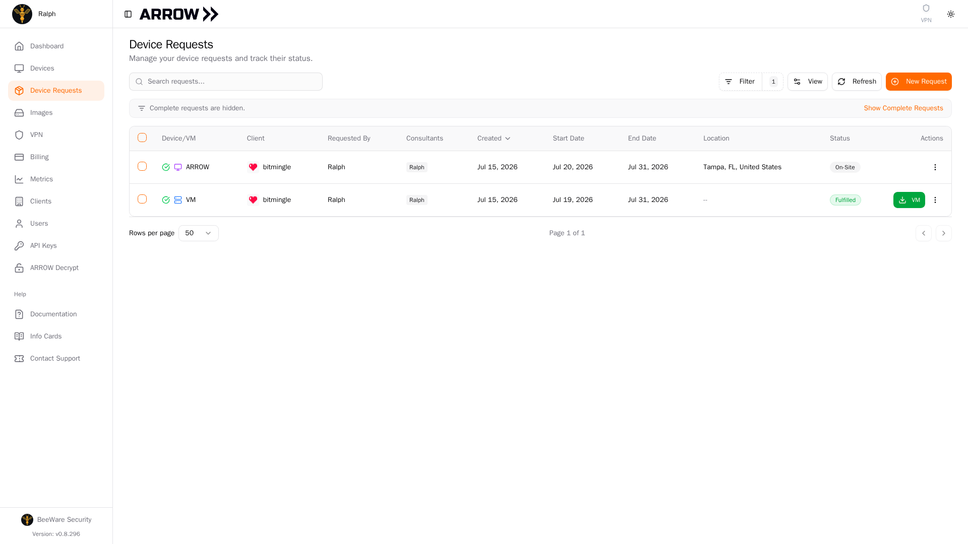 ARROW Platform Device Requests page