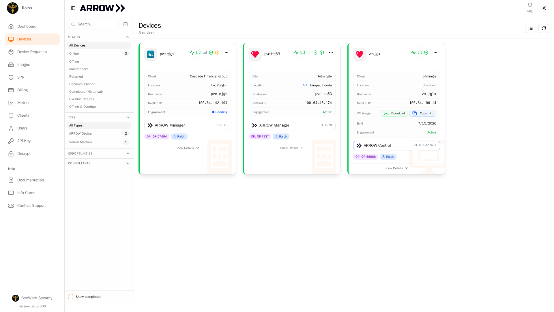 Devices page showing a virtual machine with Download and Copy URL options