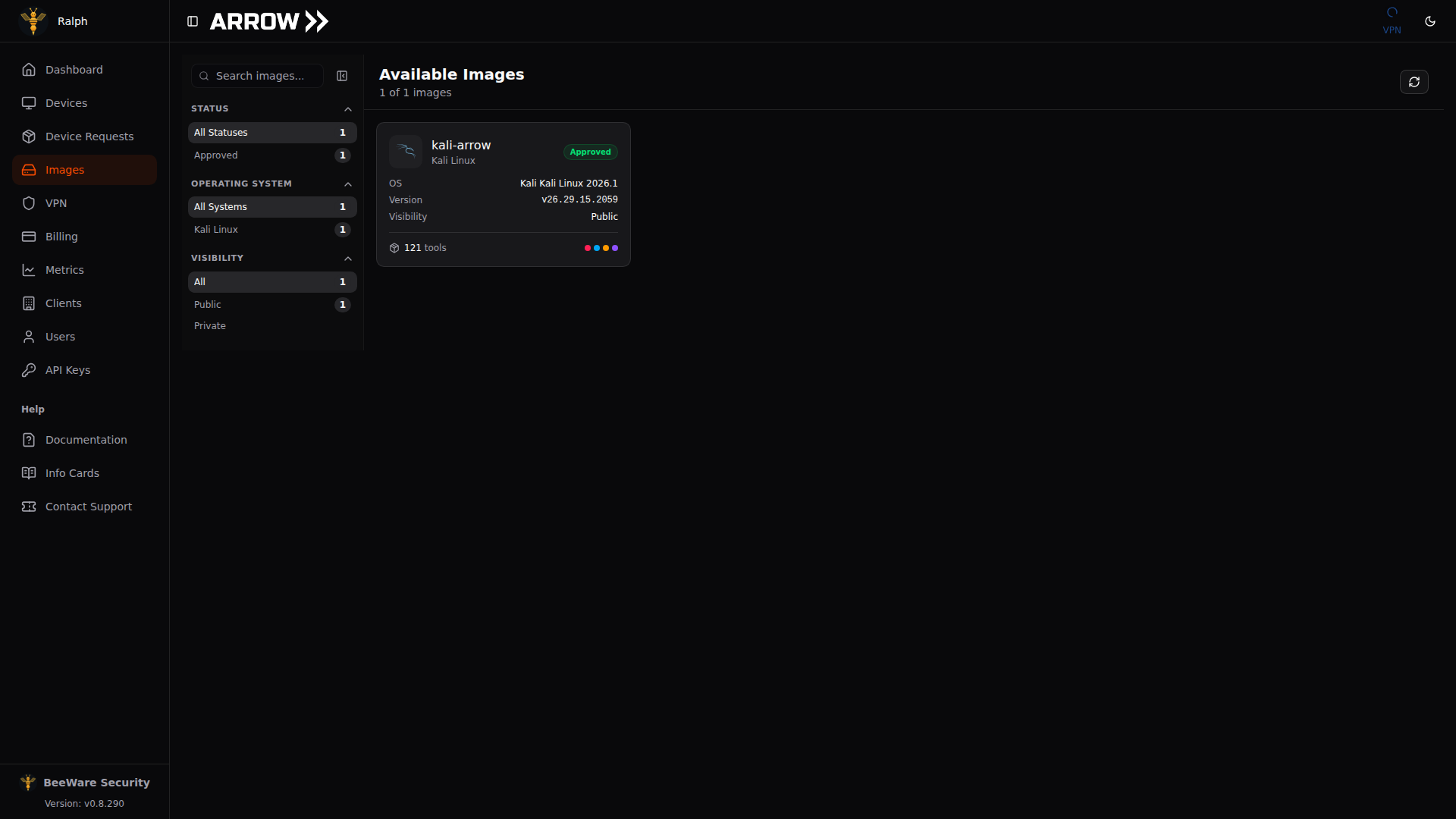 ARROW Console Images page showing an available image and its tool count
