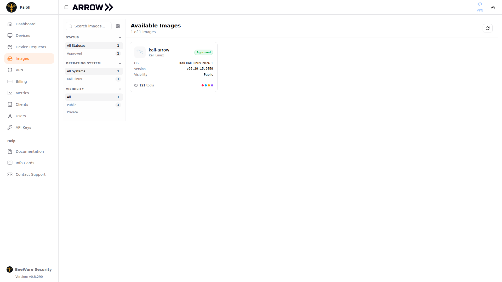 ARROW Console Images page showing an available image and its tool count