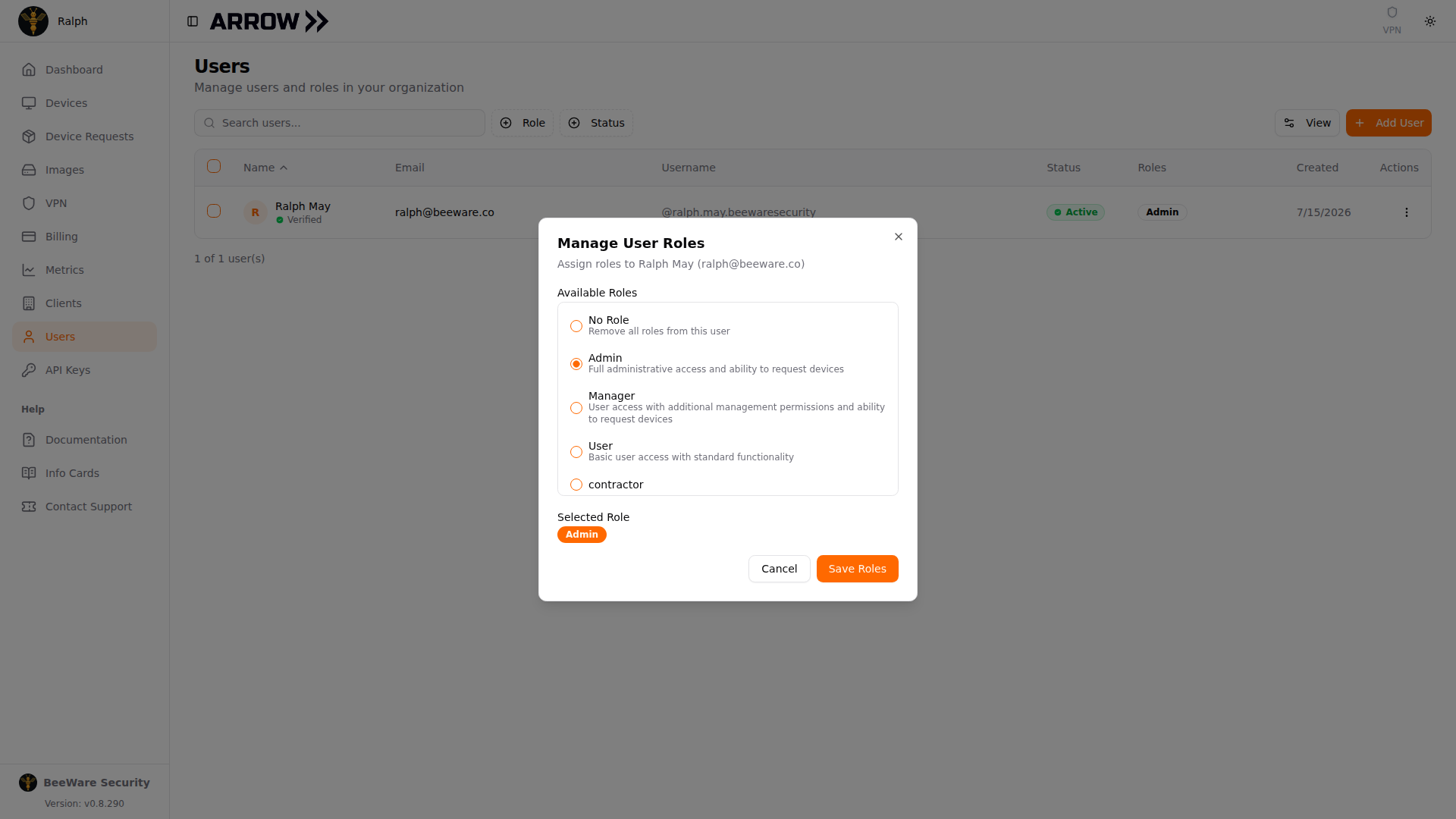 The Manage User Roles dialog