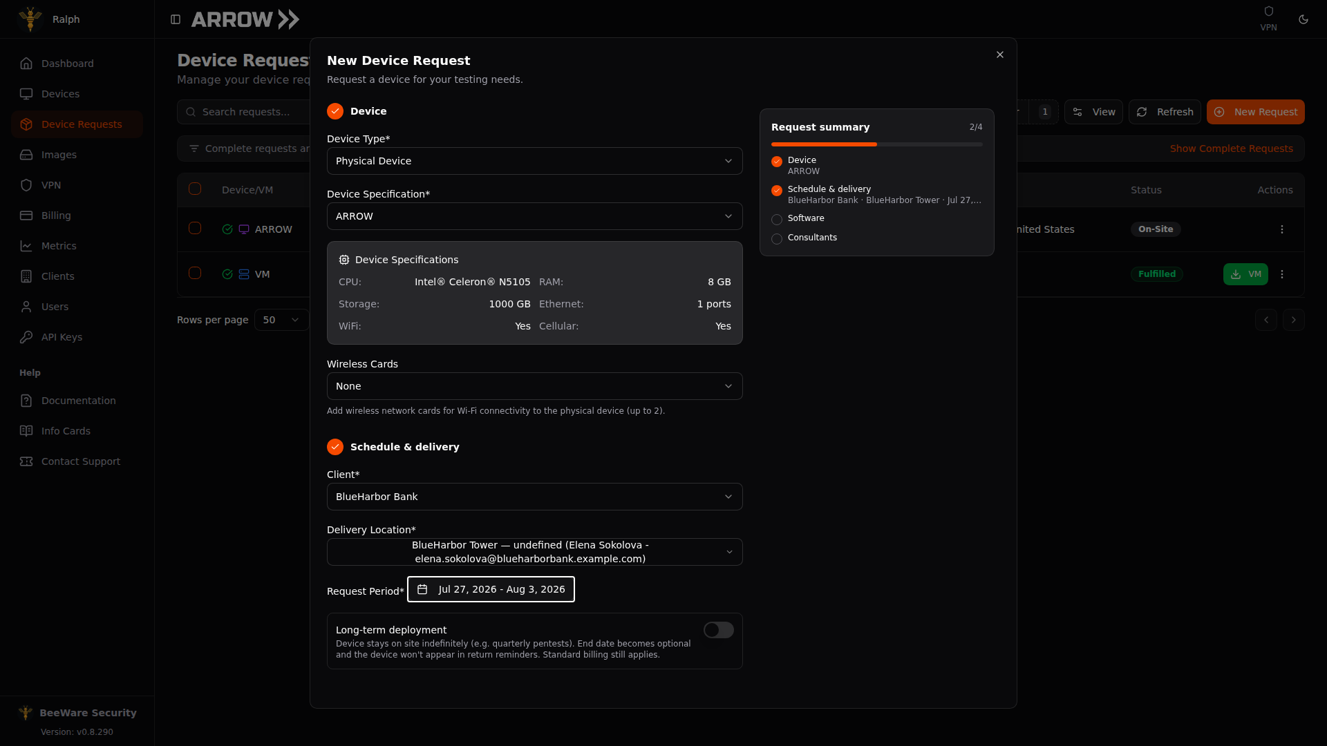 New Device Request dialog for a physical device
