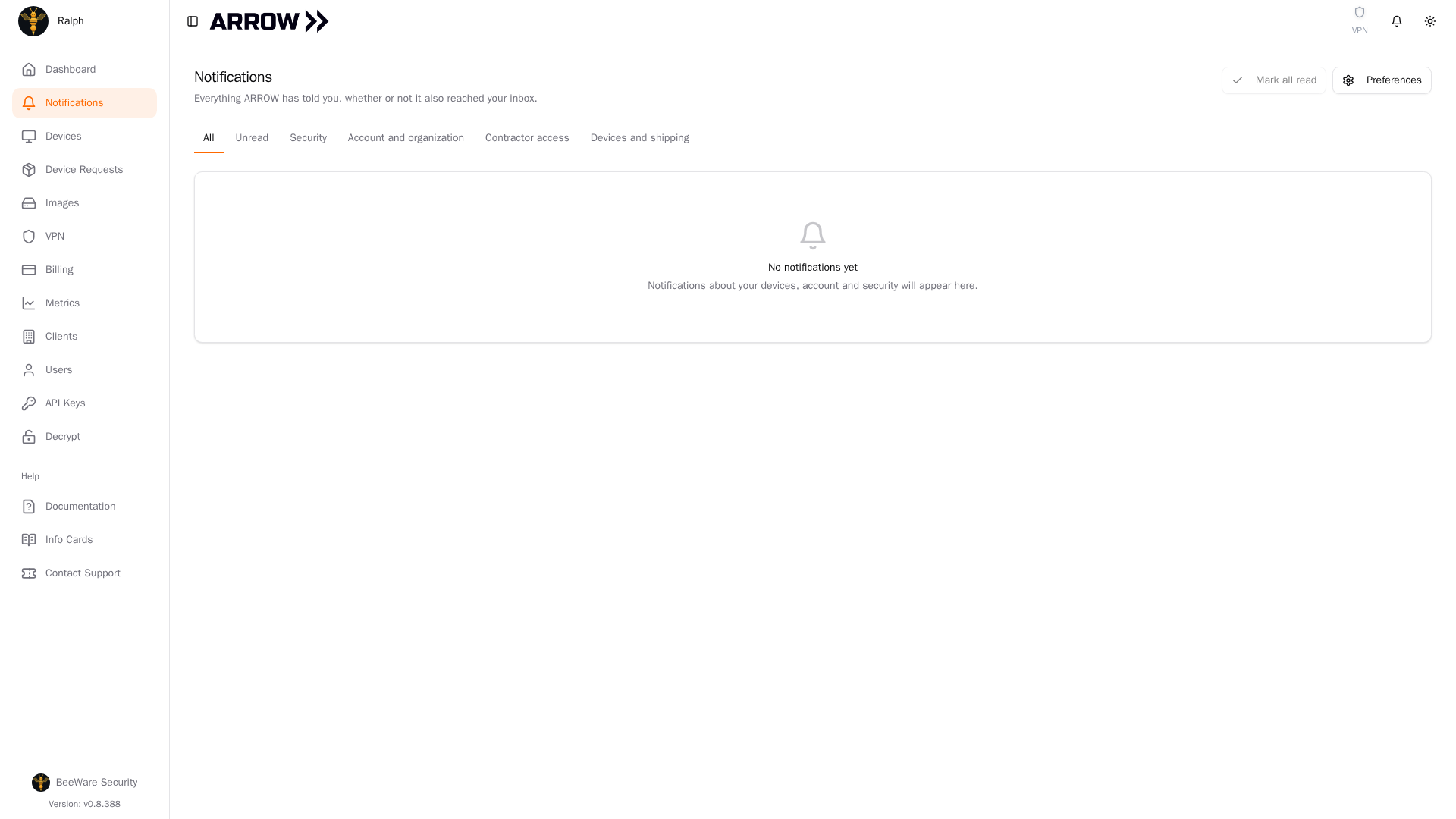 The Notifications inbox in the ARROW Console