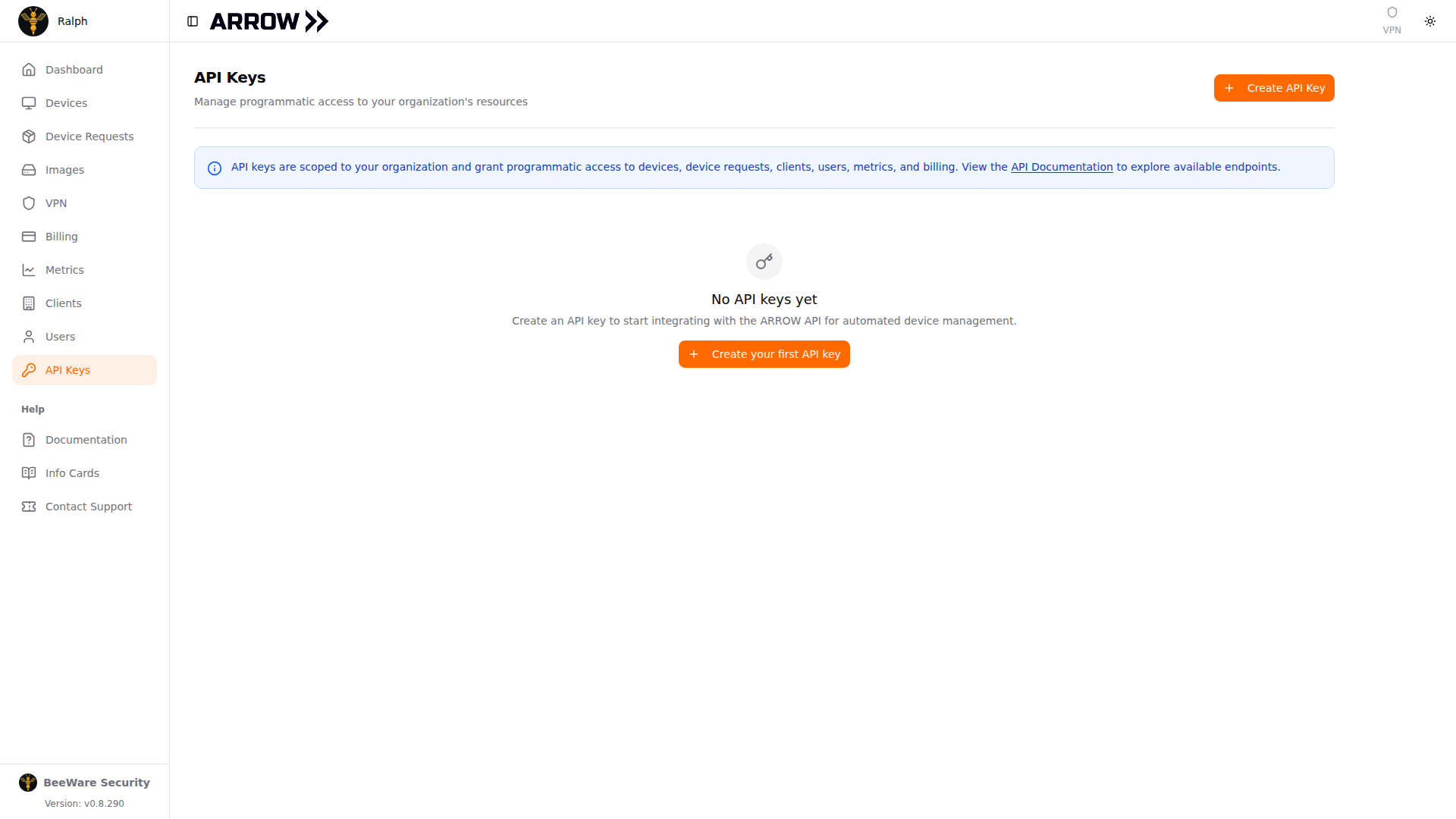 ARROW Console API Keys page