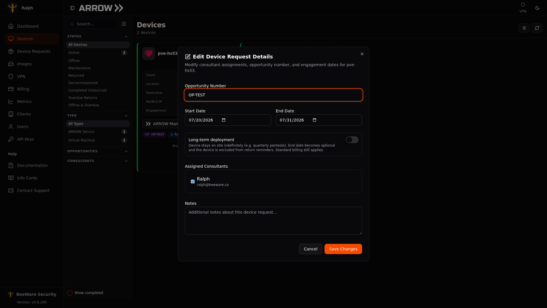 The Edit Device Request Details dialog