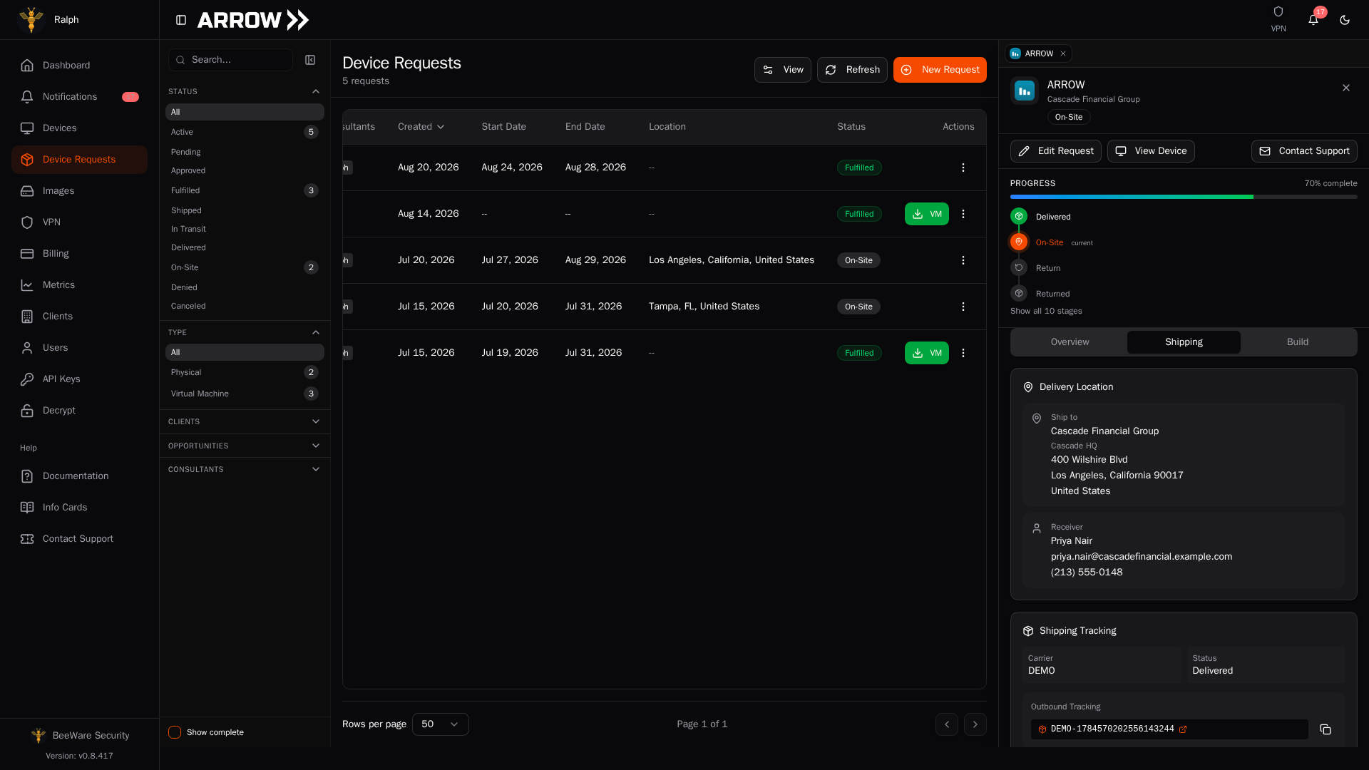 Shipping tab of a device request, showing the delivery location and the shipping tracking card that carries the tracking numbers and label buttons