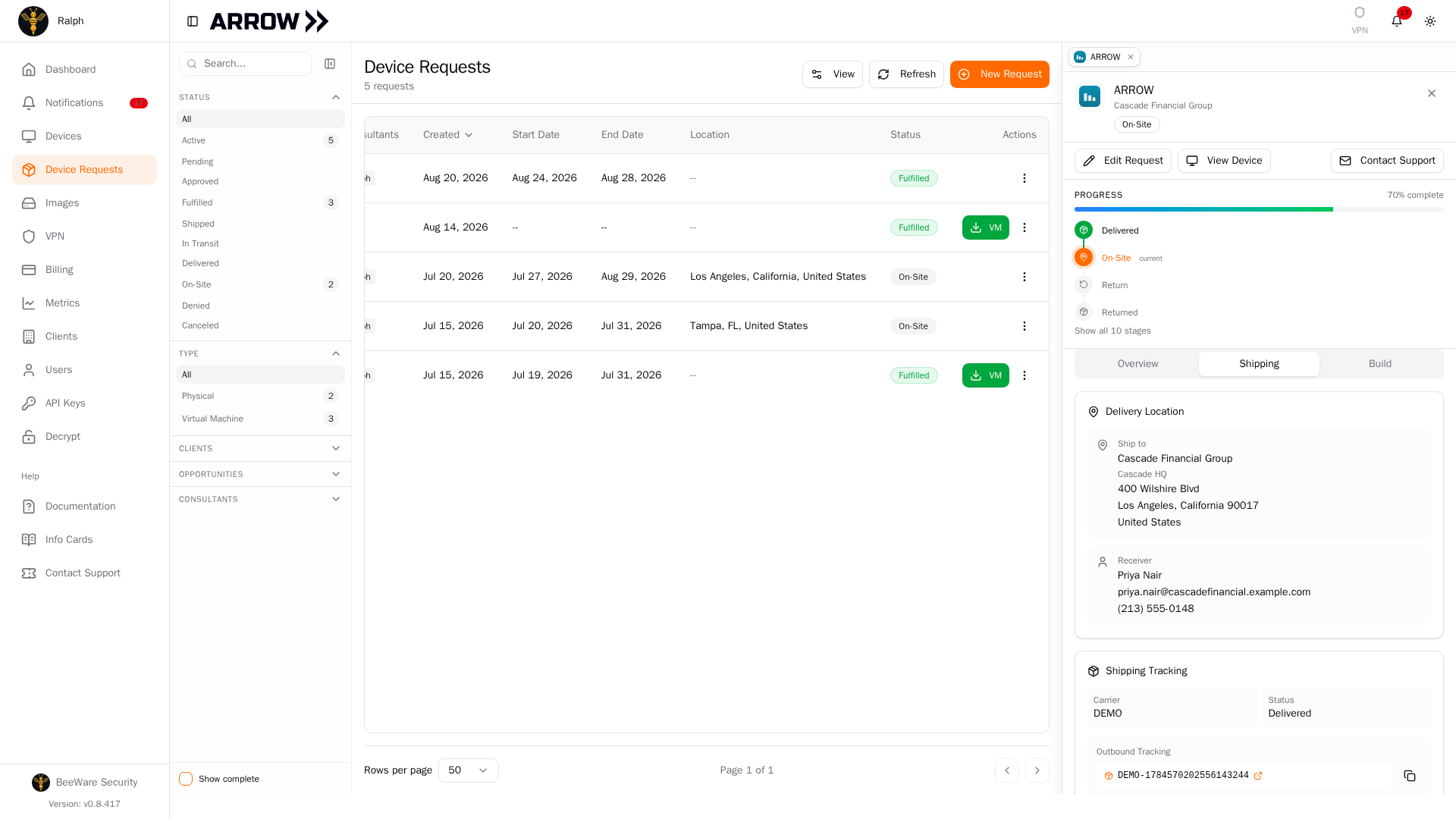 Shipping tab of a device request, showing the delivery location and the shipping tracking card that carries the tracking numbers and label buttons
