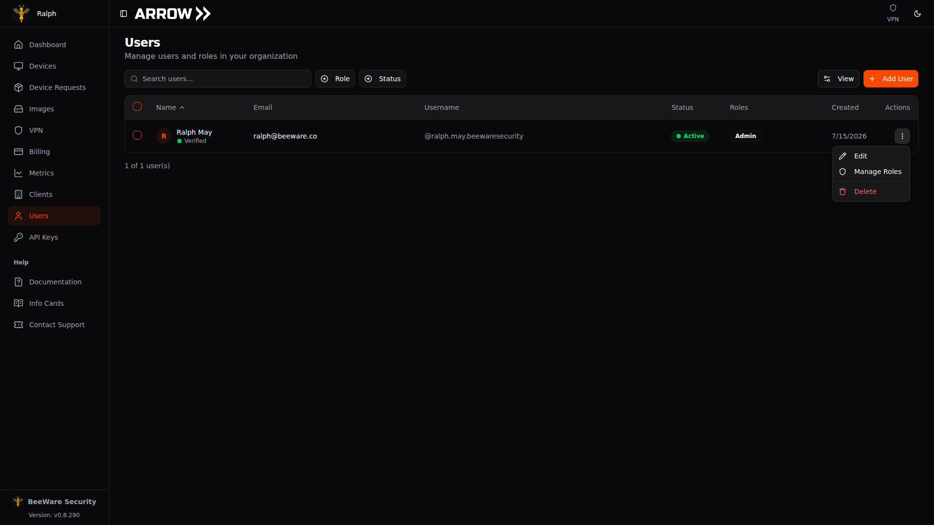 The actions menu open on a user row