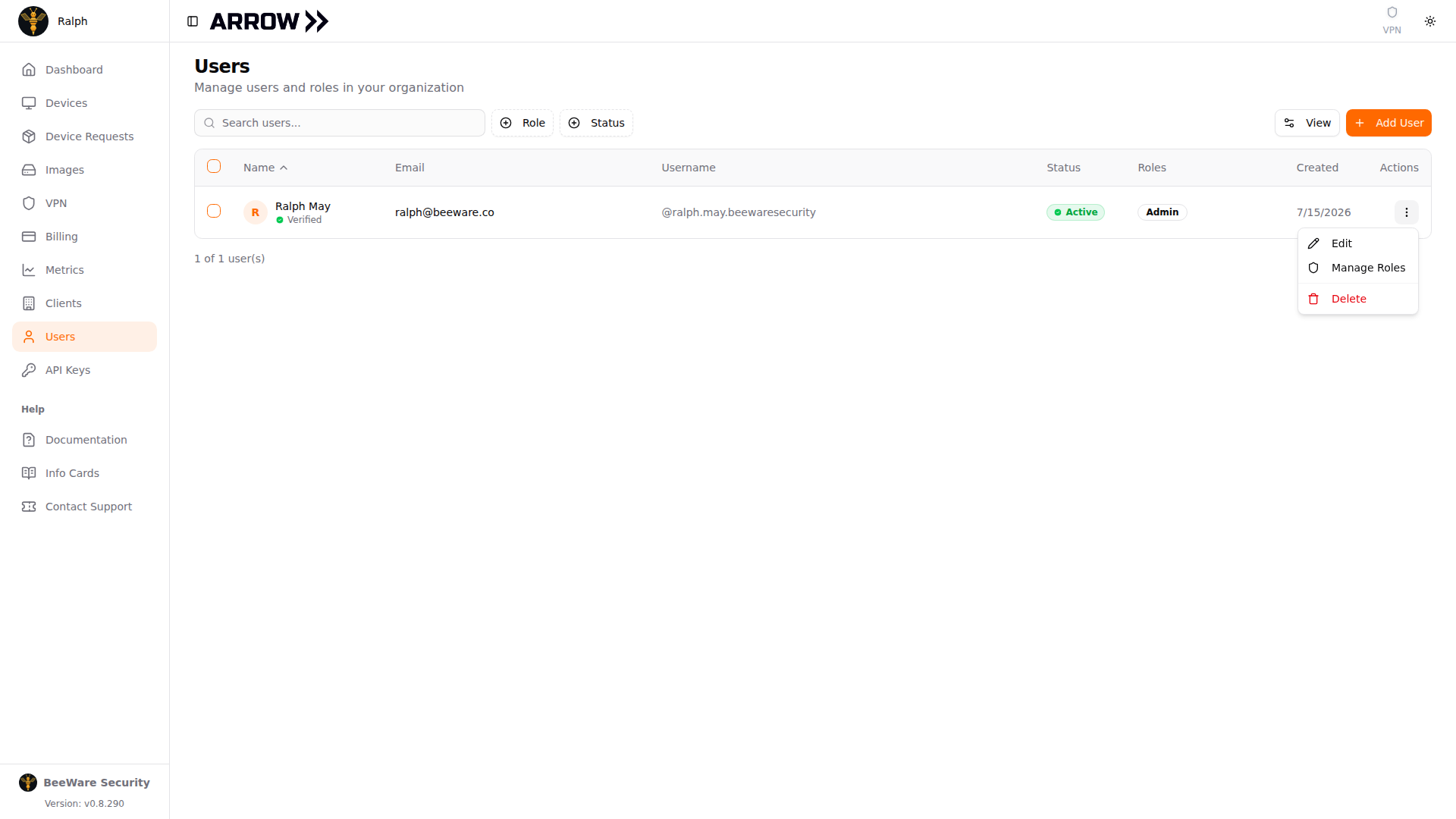 The actions menu open on a user row