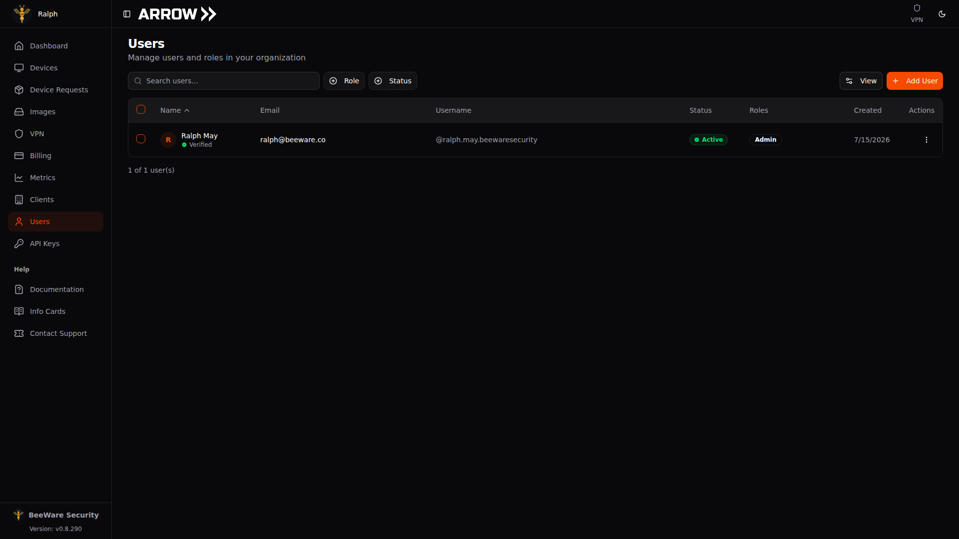 ARROW Platform Users list
