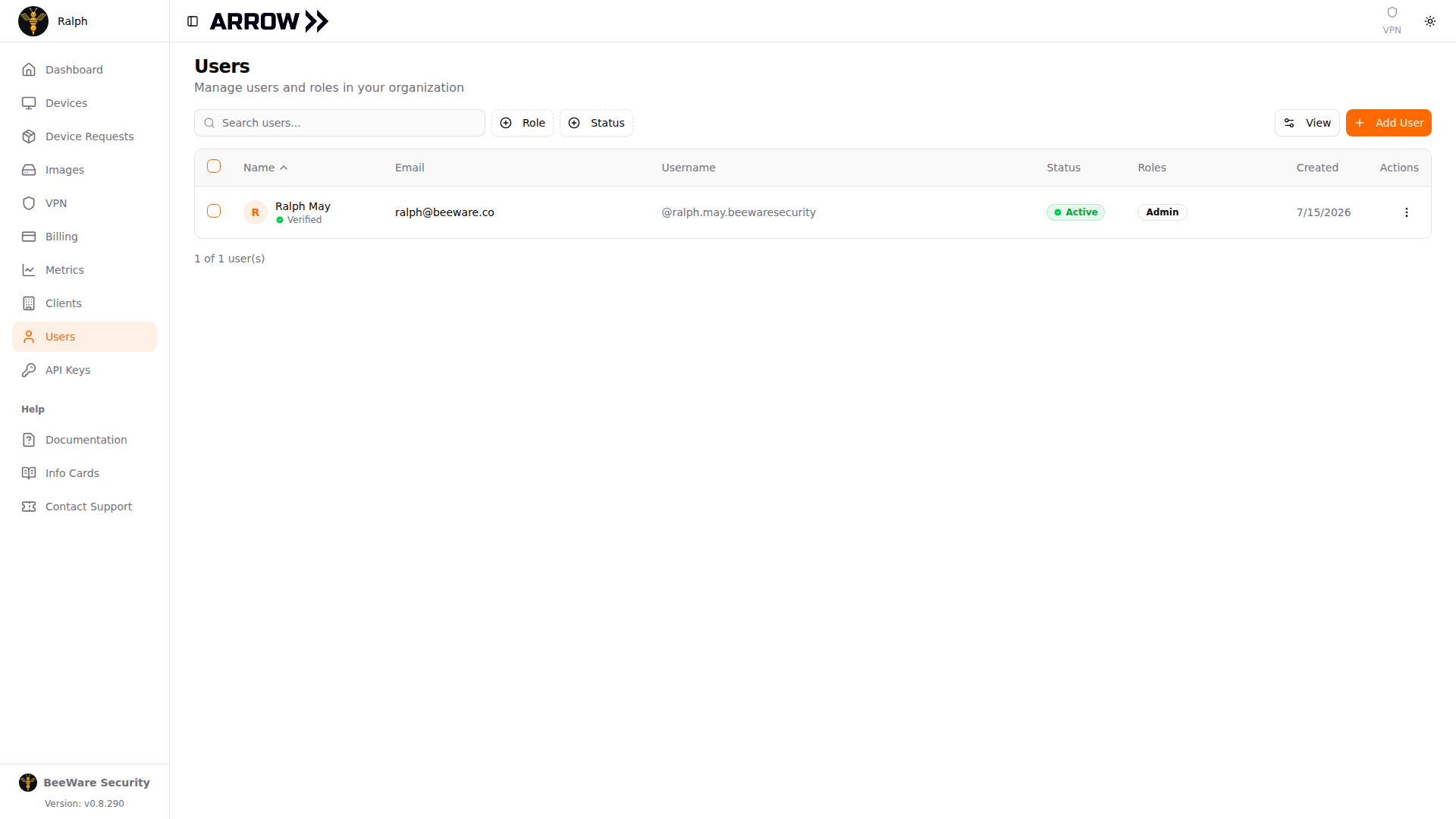 ARROW Platform Users list