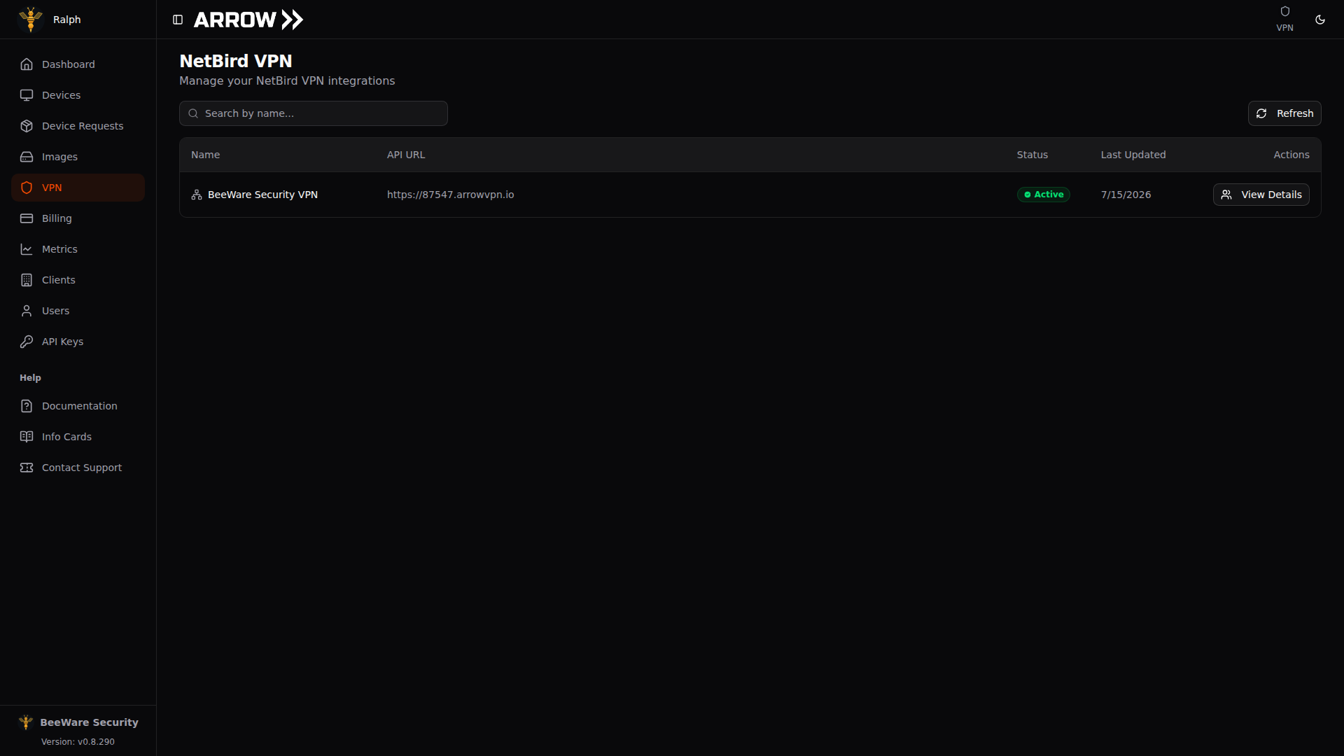 ARROW Platform NetBird VPN page