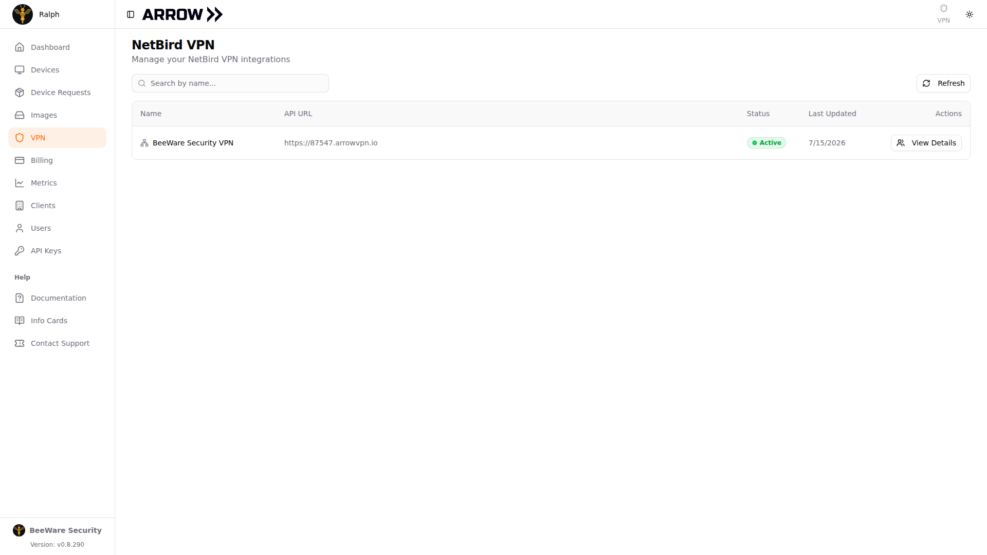 ARROW Console NetBird VPN page