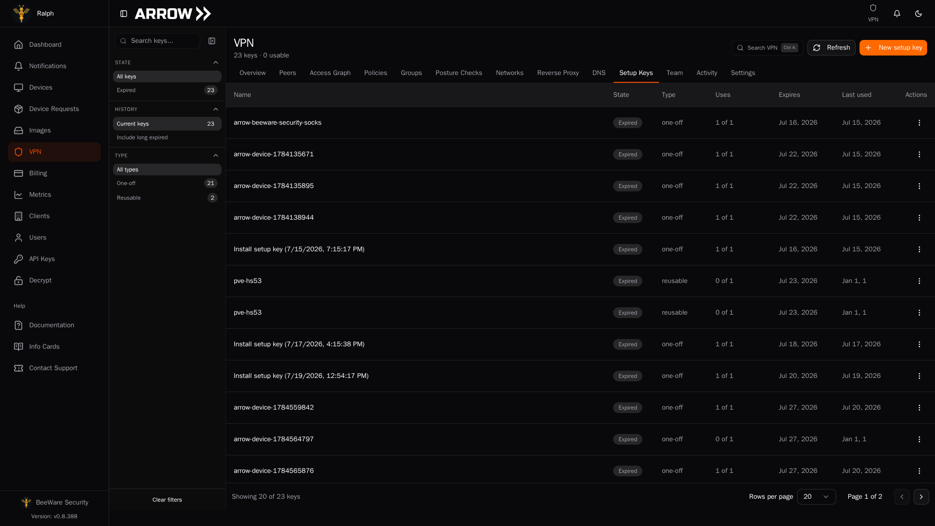 The Setup Keys tab of the VPN section in the ARROW Console