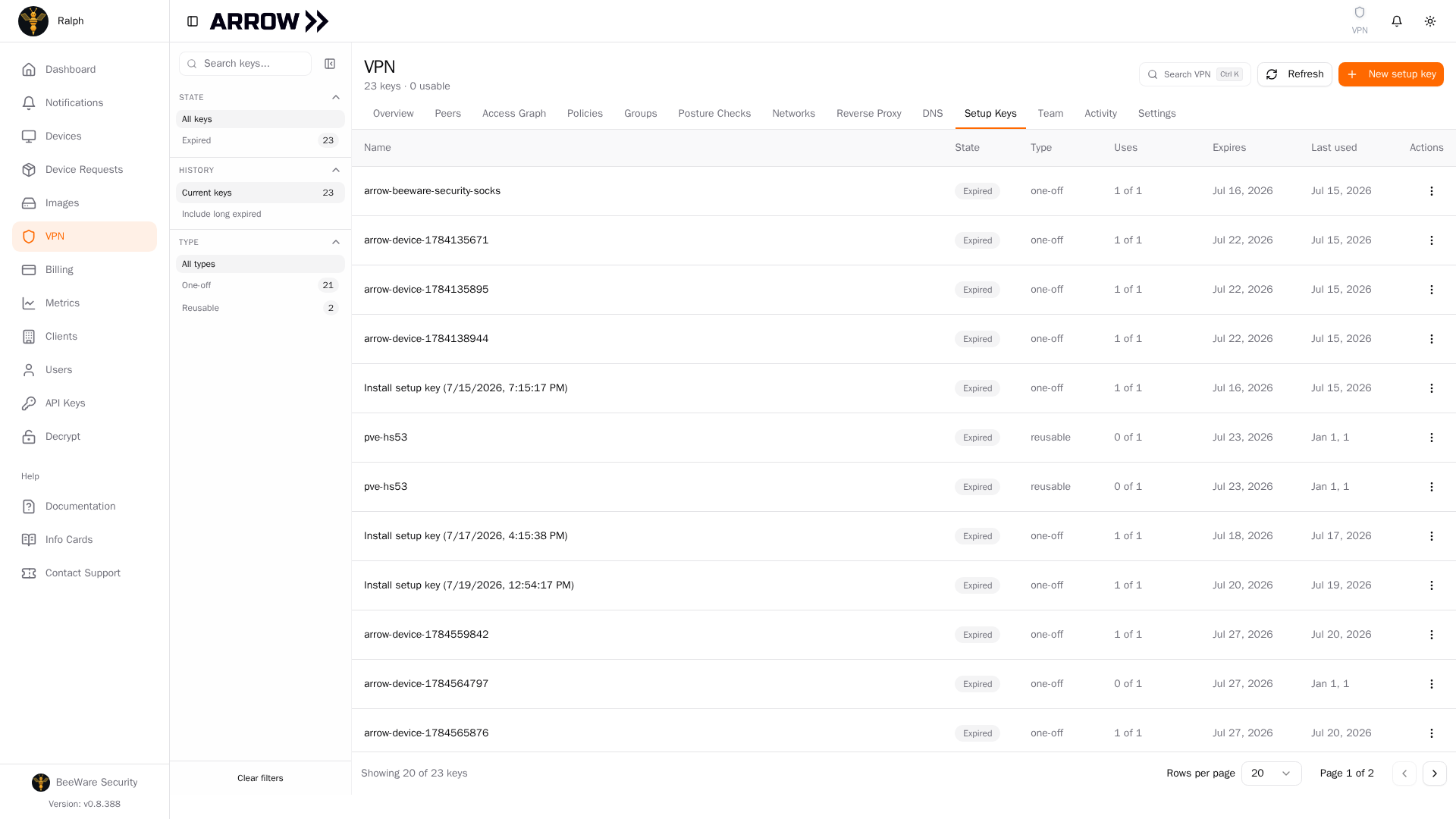 The Setup Keys tab of the VPN section in the ARROW Console