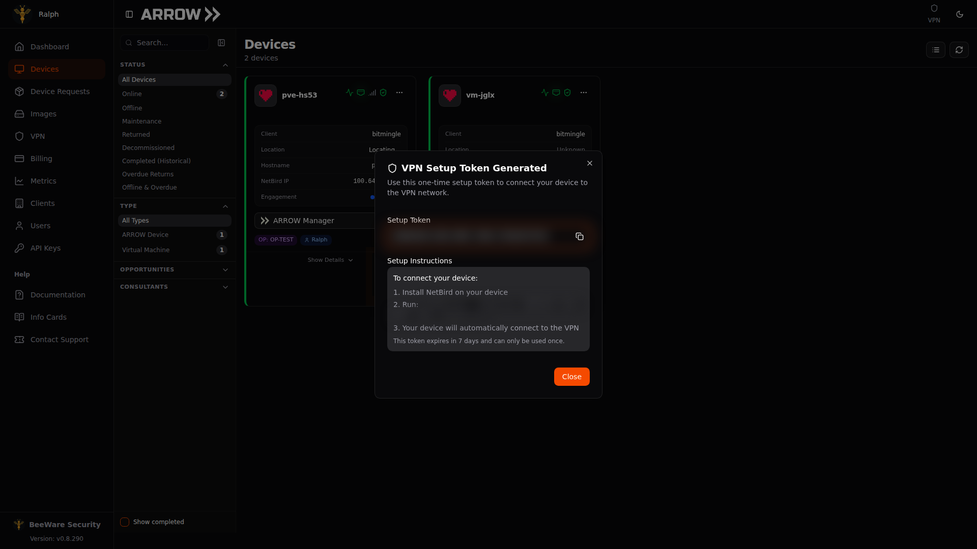 The VPN Setup Token Generated dialog