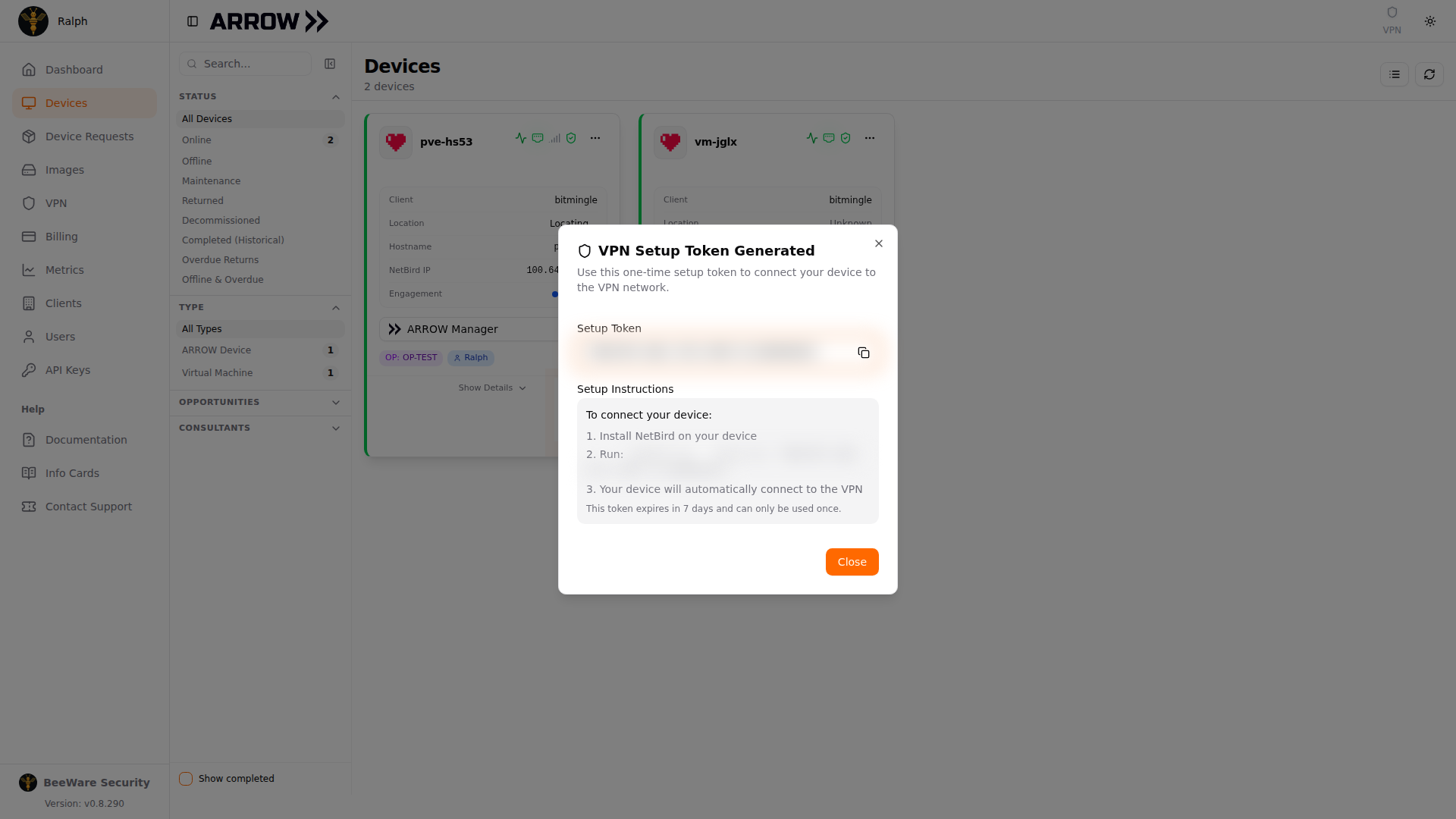 The VPN Setup Token Generated dialog