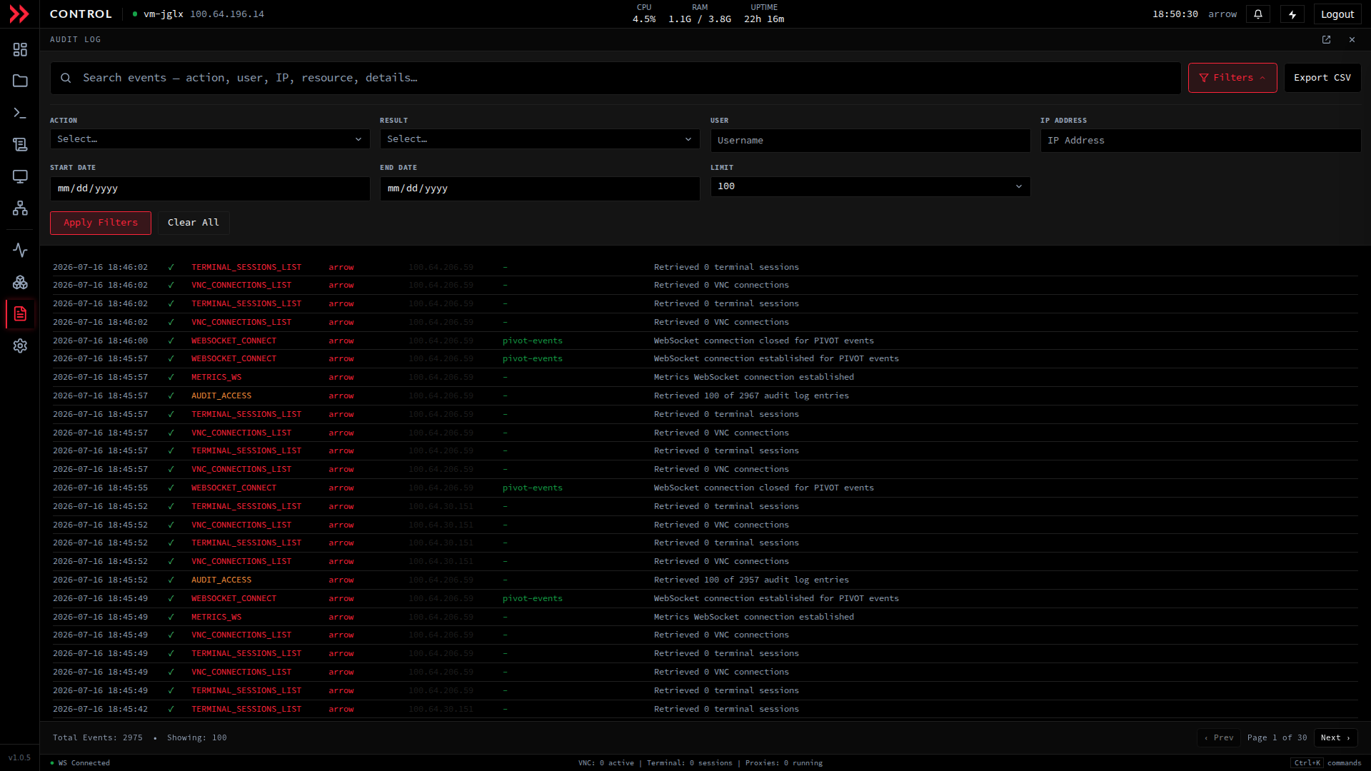 ARROW Control audit log with the Filters panel expanded