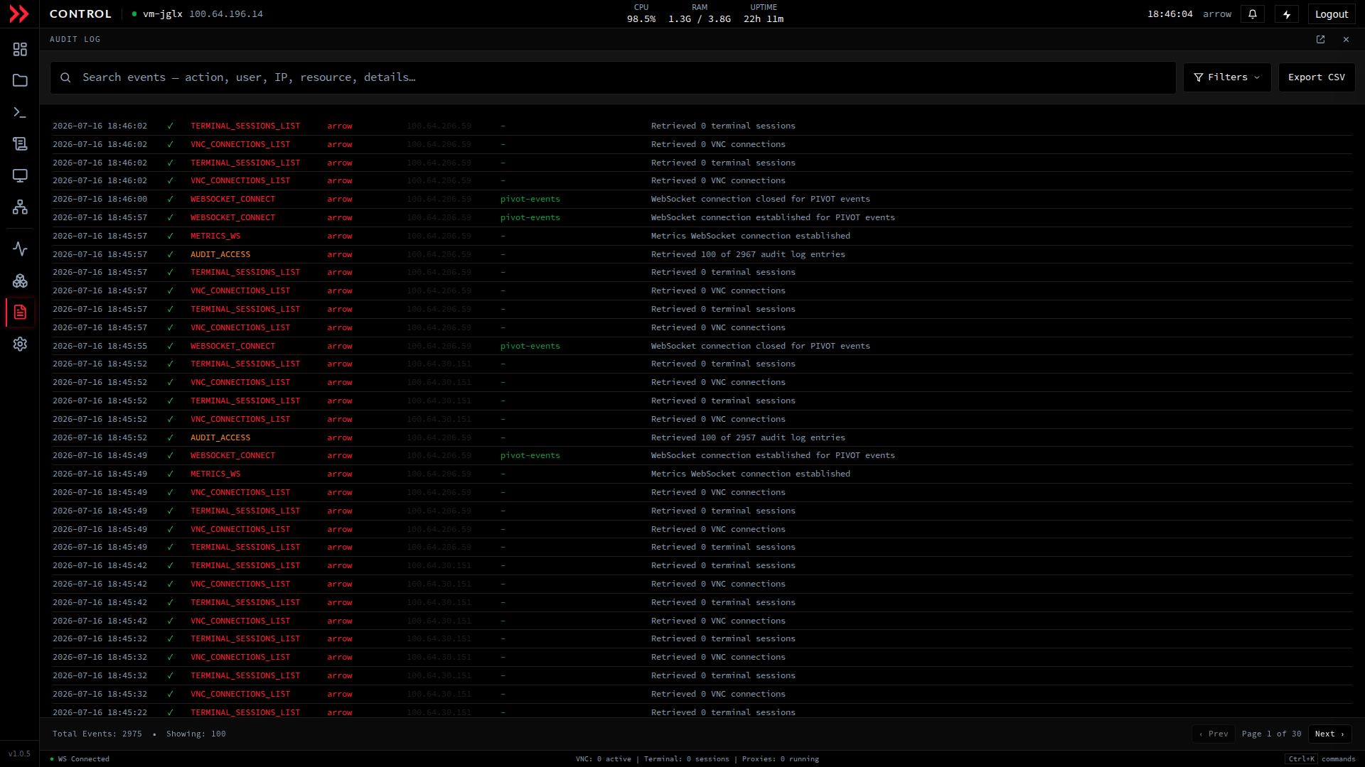 ARROW Control audit log with searchable event history