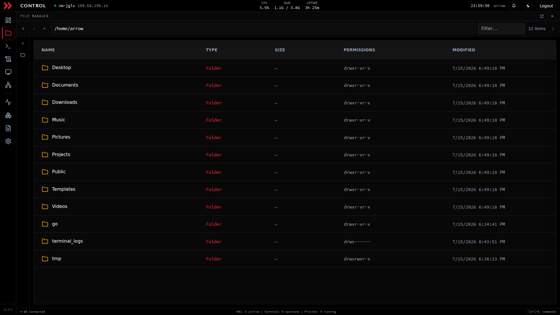 ARROW Control file manager listing the home directory