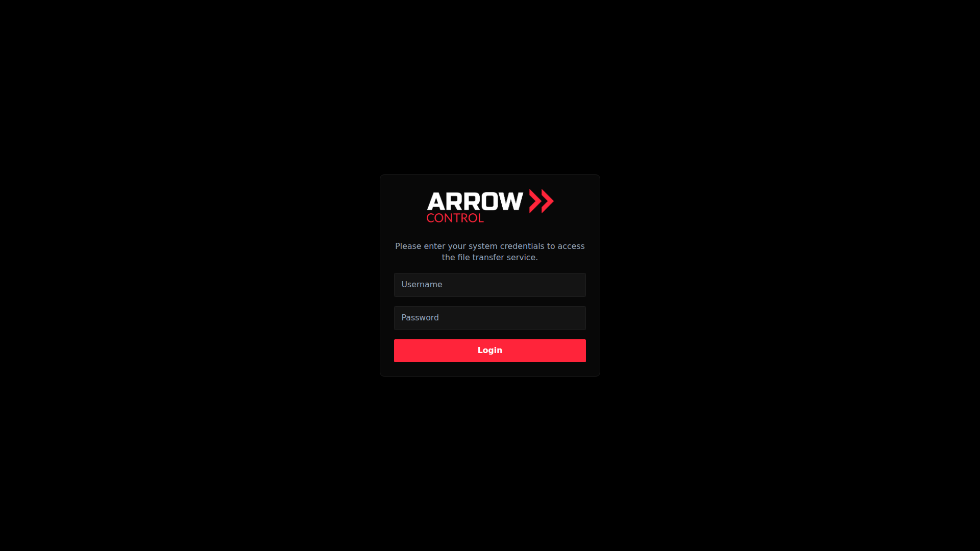 ARROW Control login screen with username and password fields