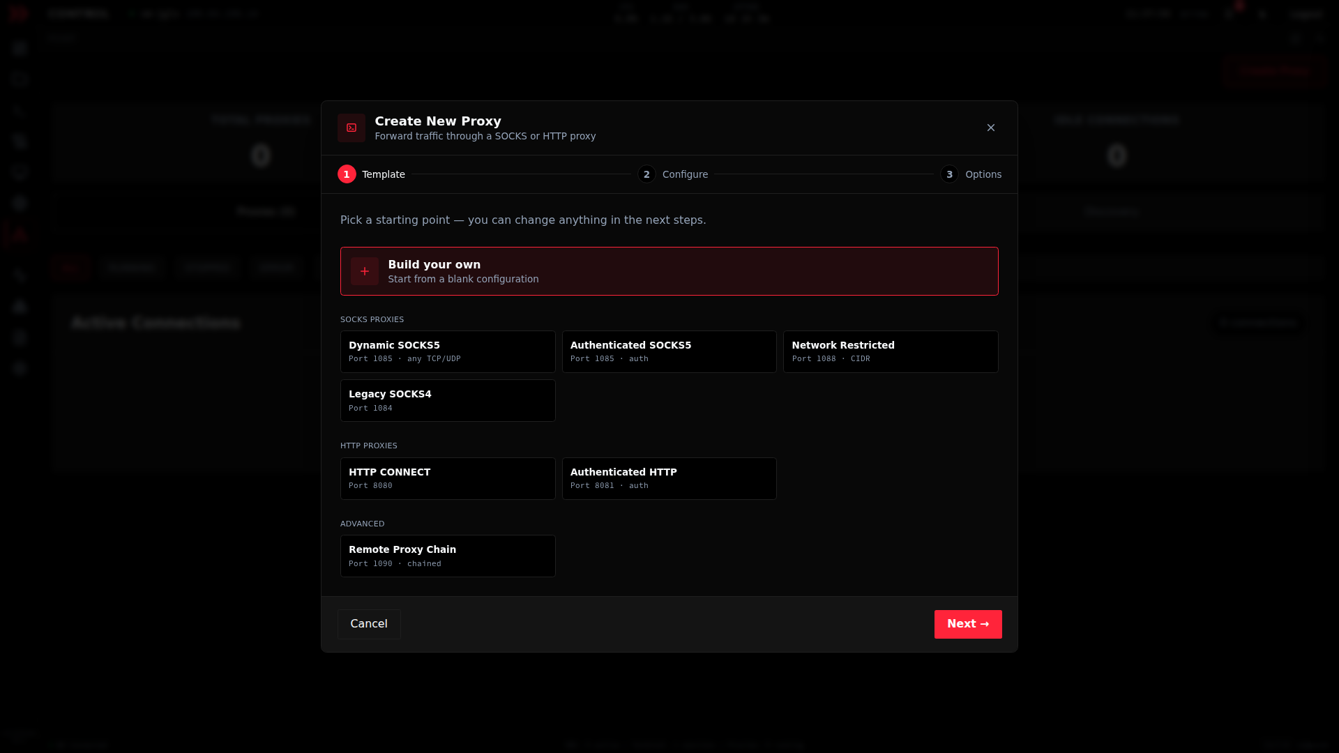 The Create New Proxy wizard showing SOCKS and HTTP proxy templates