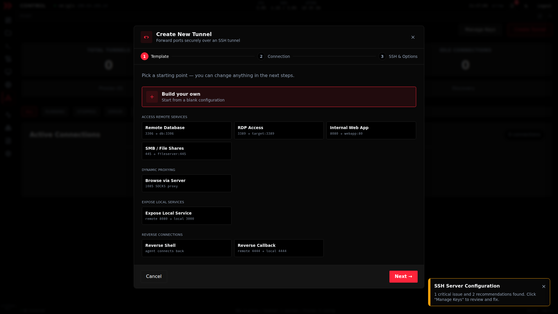 The Create New Tunnel wizard showing tunnel templates grouped by task