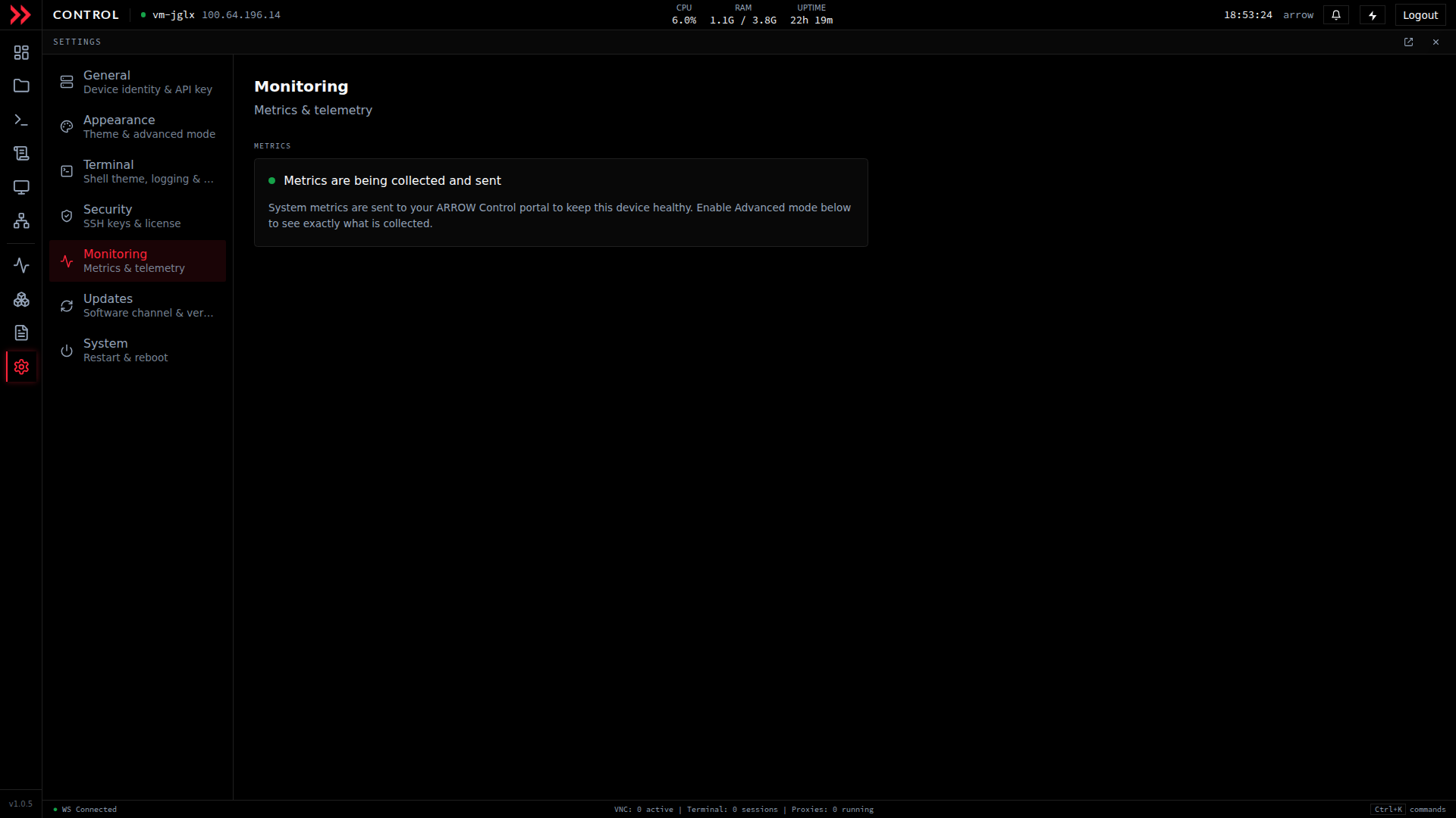 ARROW Control Settings Monitoring section confirming metrics are being collected and sent