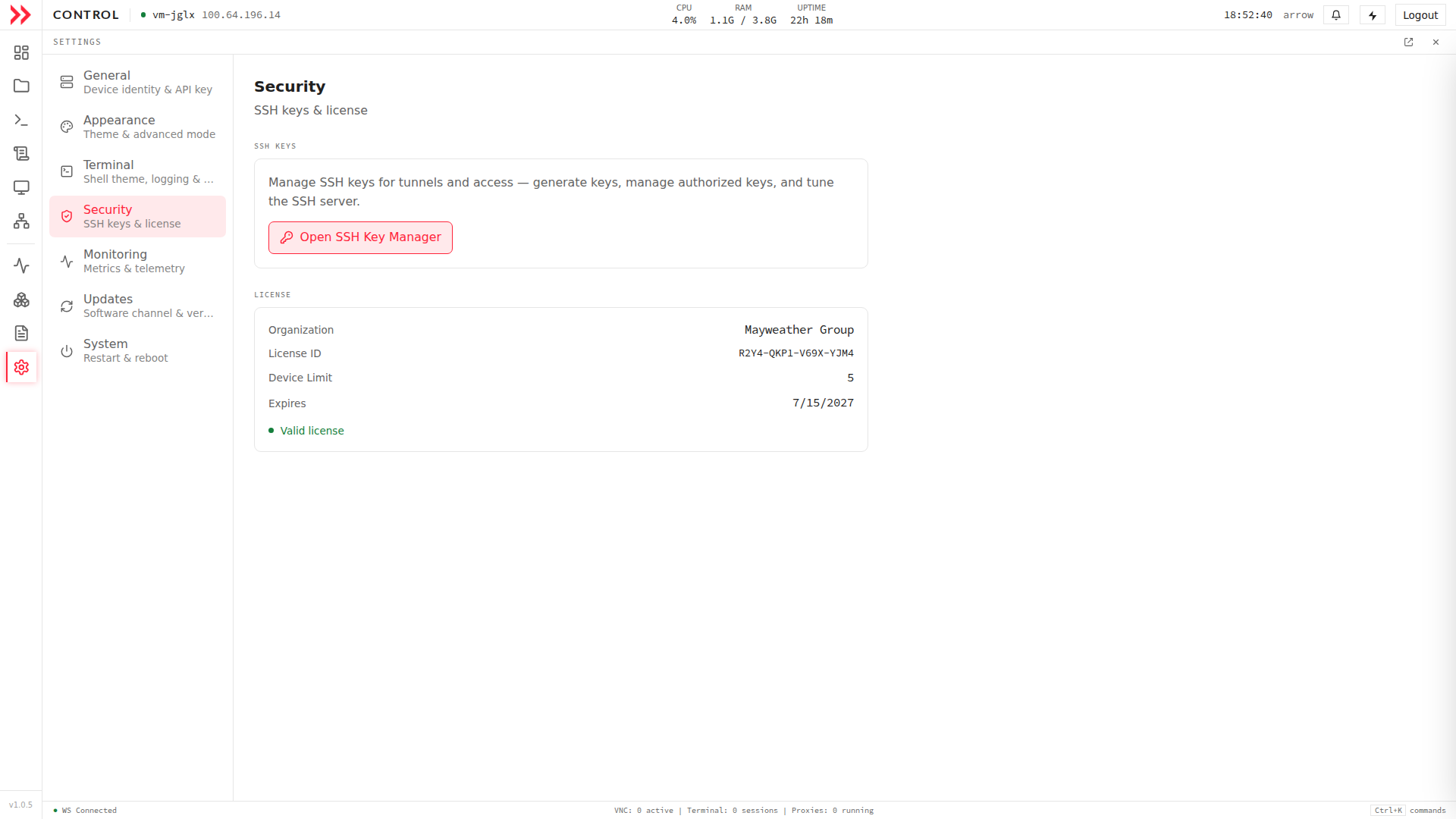 ARROW Control Settings Security section with SSH Key Manager and license status and expiry