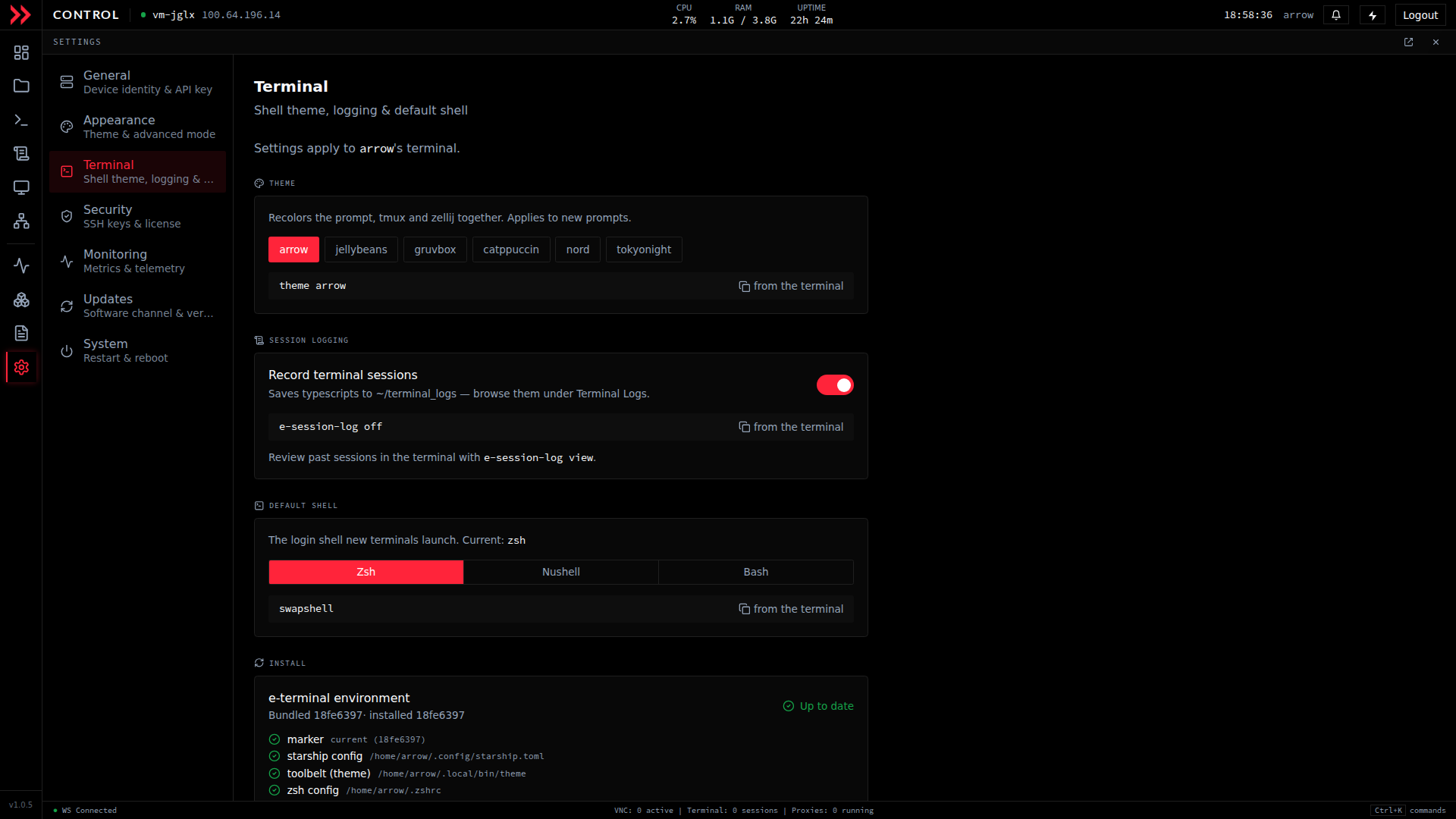 ARROW Control Settings Terminal section with shell theme picker, session logging toggle, and default shell selector