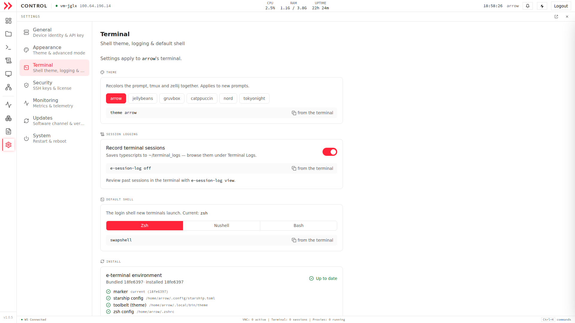 ARROW Control Settings Terminal section with shell theme picker, session logging toggle, and default shell selector