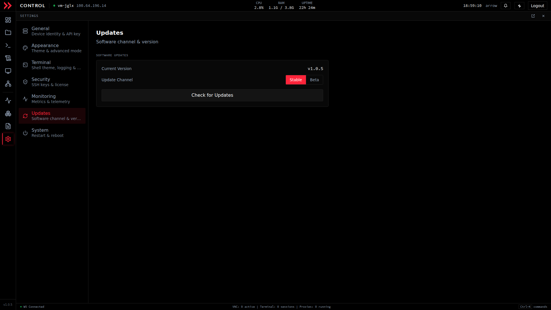 ARROW Control Settings Updates section with current version, Stable and Beta channel toggle, and Check for Updates button