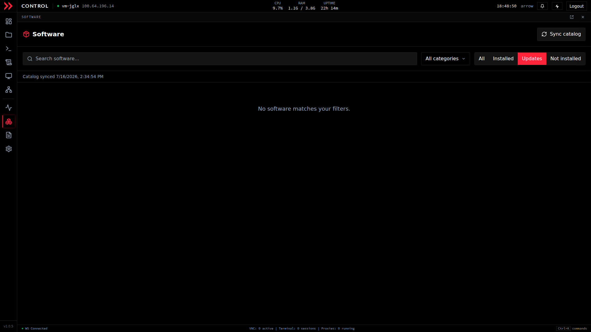 ARROW Control software catalog filtered to the Updates tab with nothing to update
