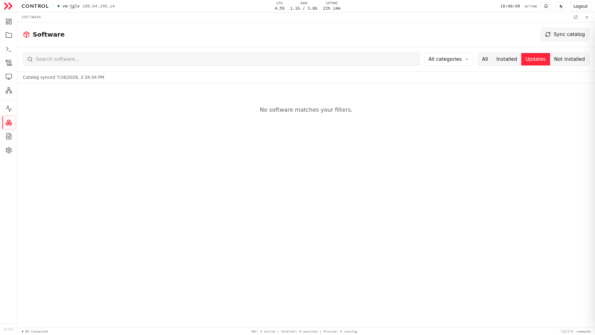 ARROW Control software catalog filtered to the Updates tab with nothing to update
